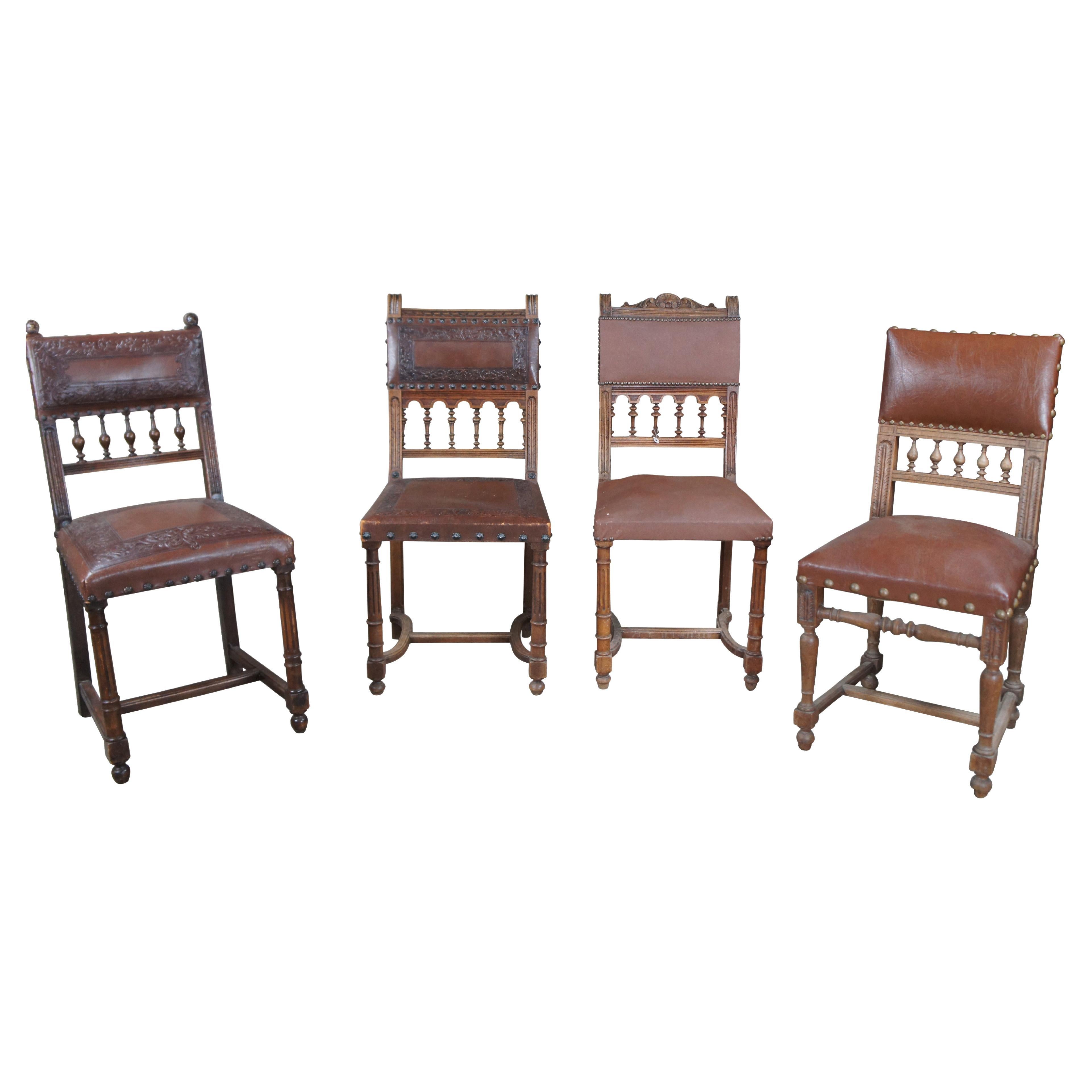 4 Antique Henry II Style Carved Dining Side Chairs Tooled Leather Upholstery For Sale