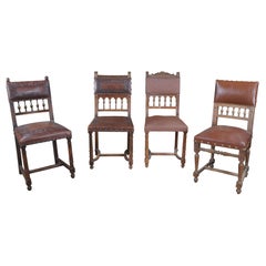 4 Antique Henry II Style Carved Dining Side Chairs Tooled Leather Upholstery