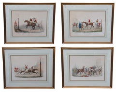 4 Antique Italian 19th Century Hand Colored Horse Race Engravings After Vernet