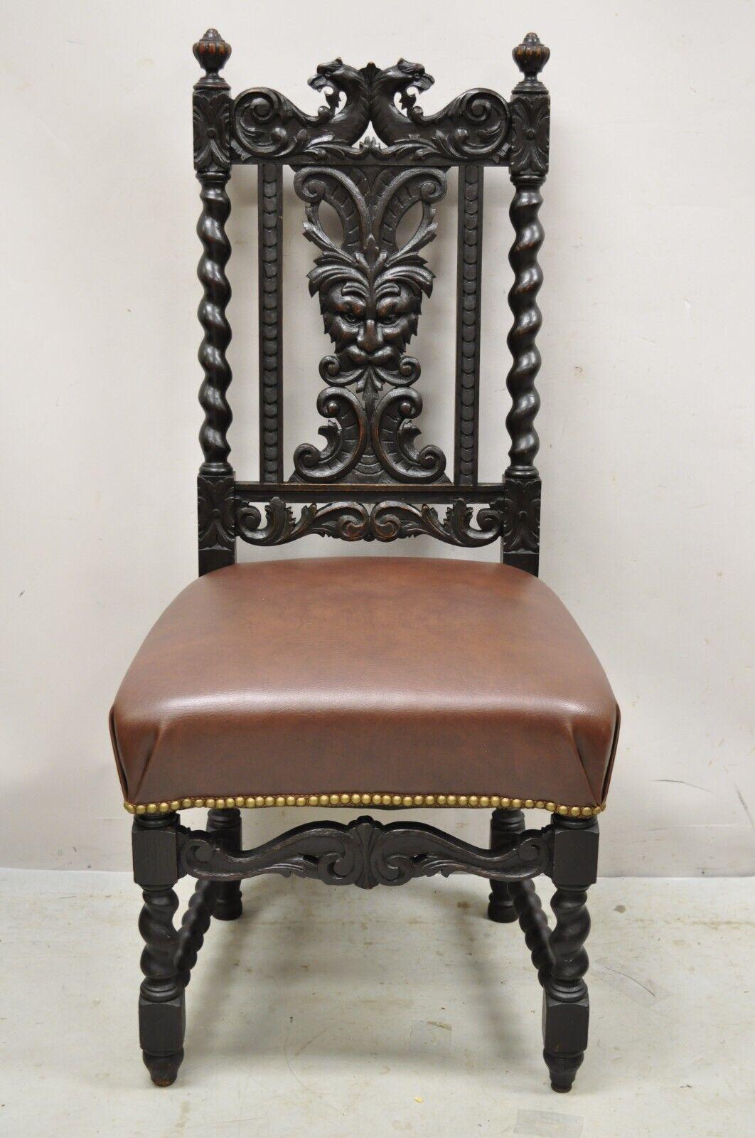 4 Antique Italian Renaissance Revival Gothic Carved Oak Figural Dining Chairs 5