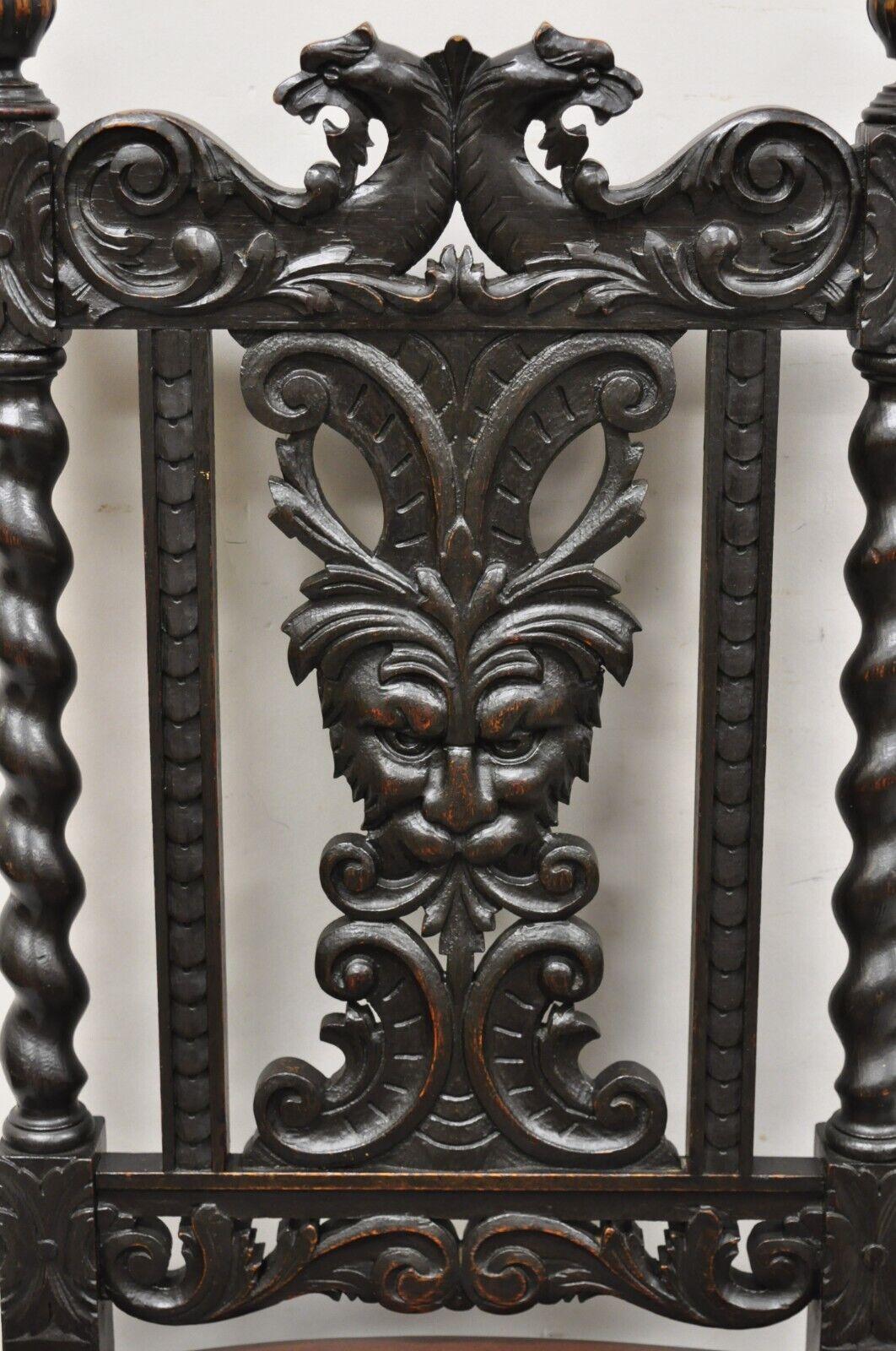 4 Antique Italian Renaissance Revival Gothic Carved Oak Figural Dining Chairs 6