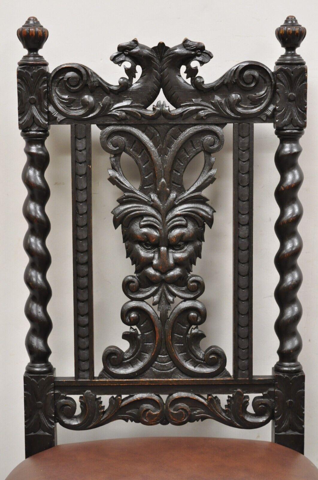 Jacobean 4 Antique Italian Renaissance Revival Gothic Carved Oak Figural Dining Chairs