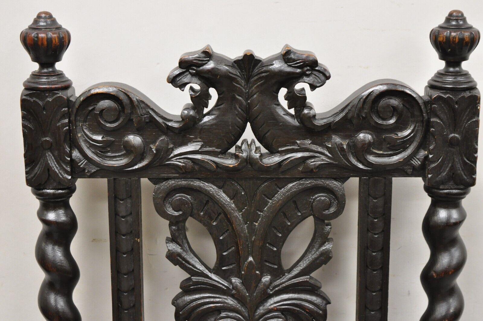 4 Antique Italian Renaissance Revival Gothic Carved Oak Figural Dining Chairs In Good Condition In Philadelphia, PA