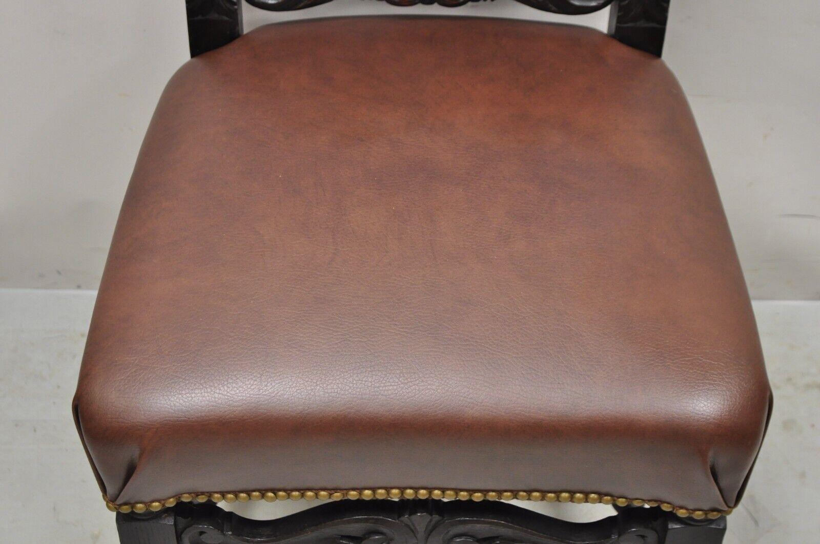 Leather 4 Antique Italian Renaissance Revival Gothic Carved Oak Figural Dining Chairs