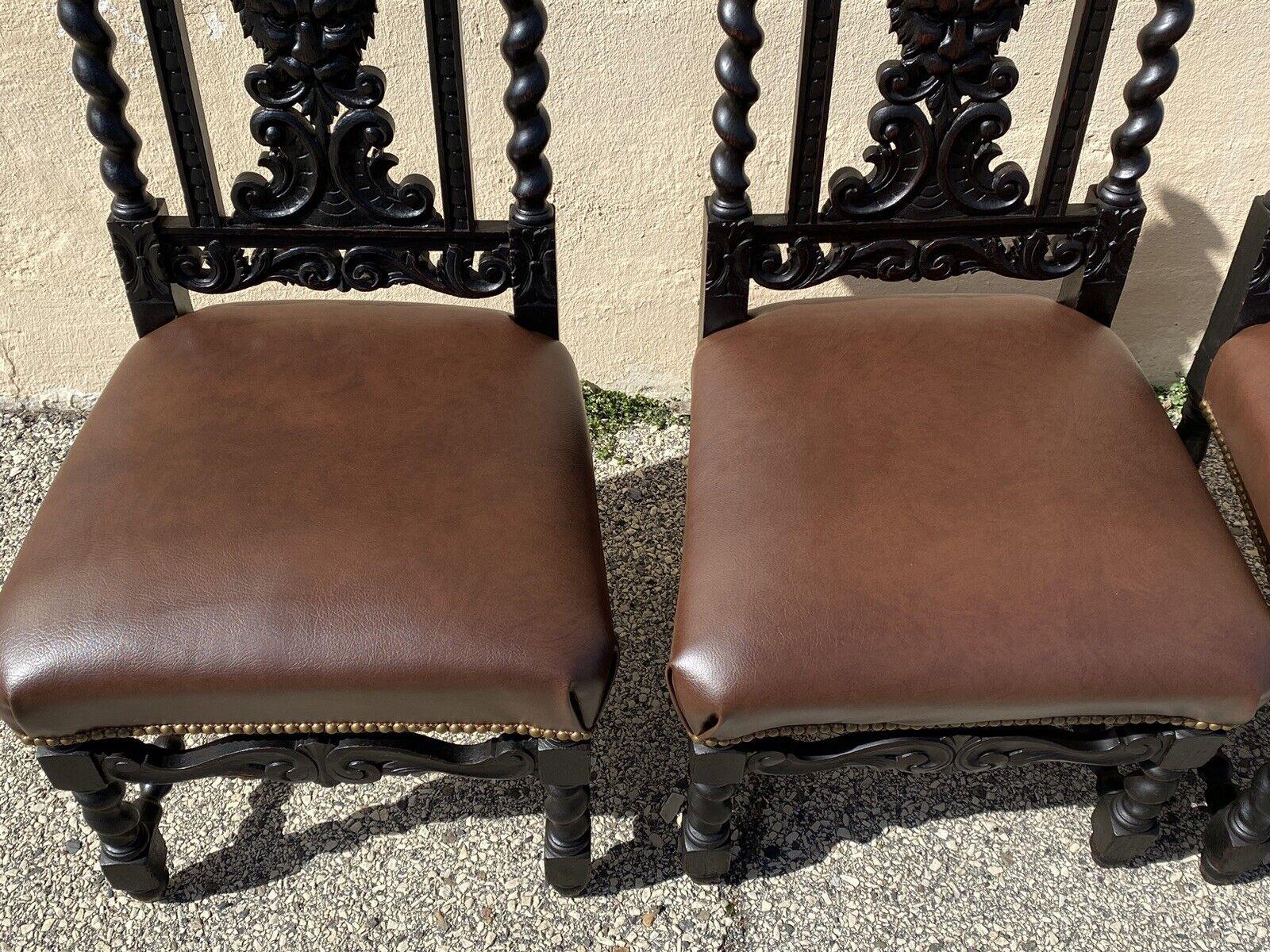 4 Antique Italian Renaissance Revival Gothic Carved Oak Figural Dining Chairs 1
