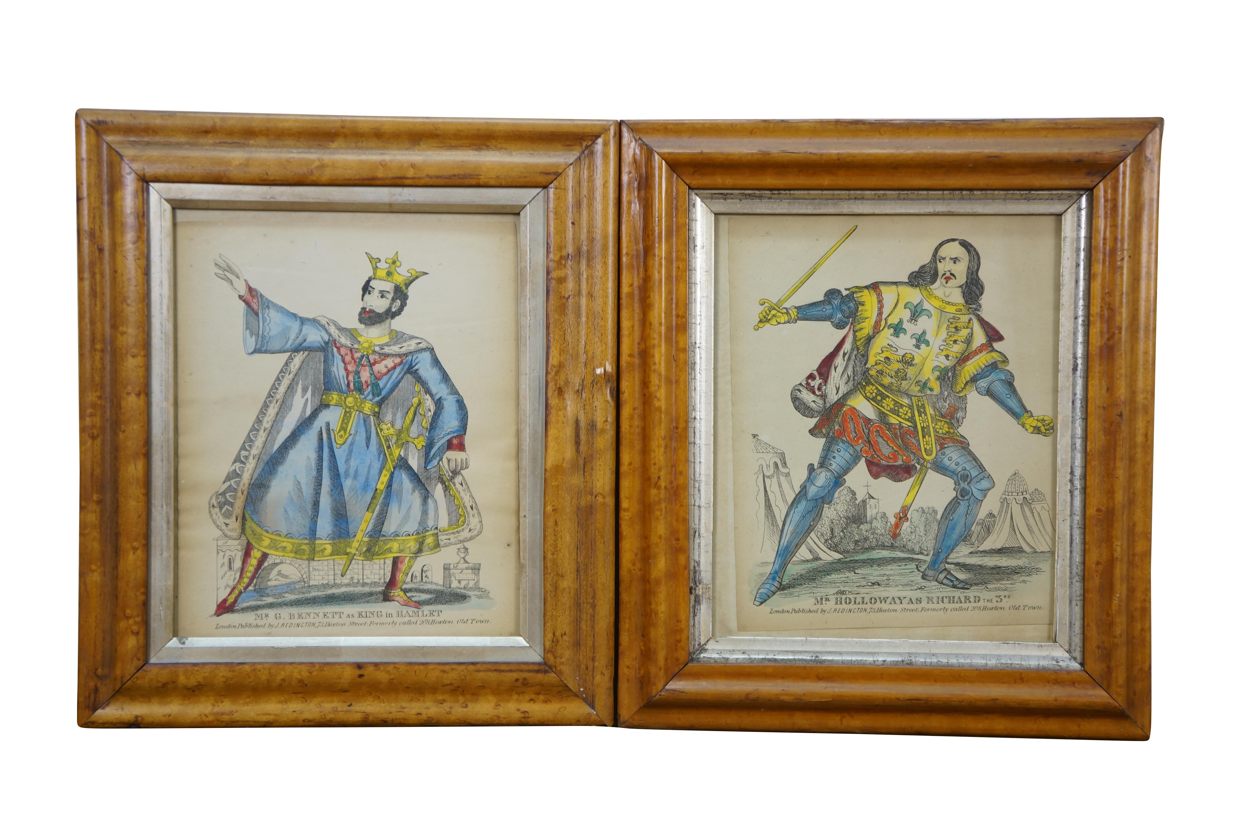 Set of four mid 19th century hand colored etchings / tinsel prints depicting actors dressed as figures from the works of Shakespeare and opera. Set includes: Mr G. Bennett as King in Hamlet, Mr Holloway as Richard the 3rd, Mr Creswick as Hamlet No