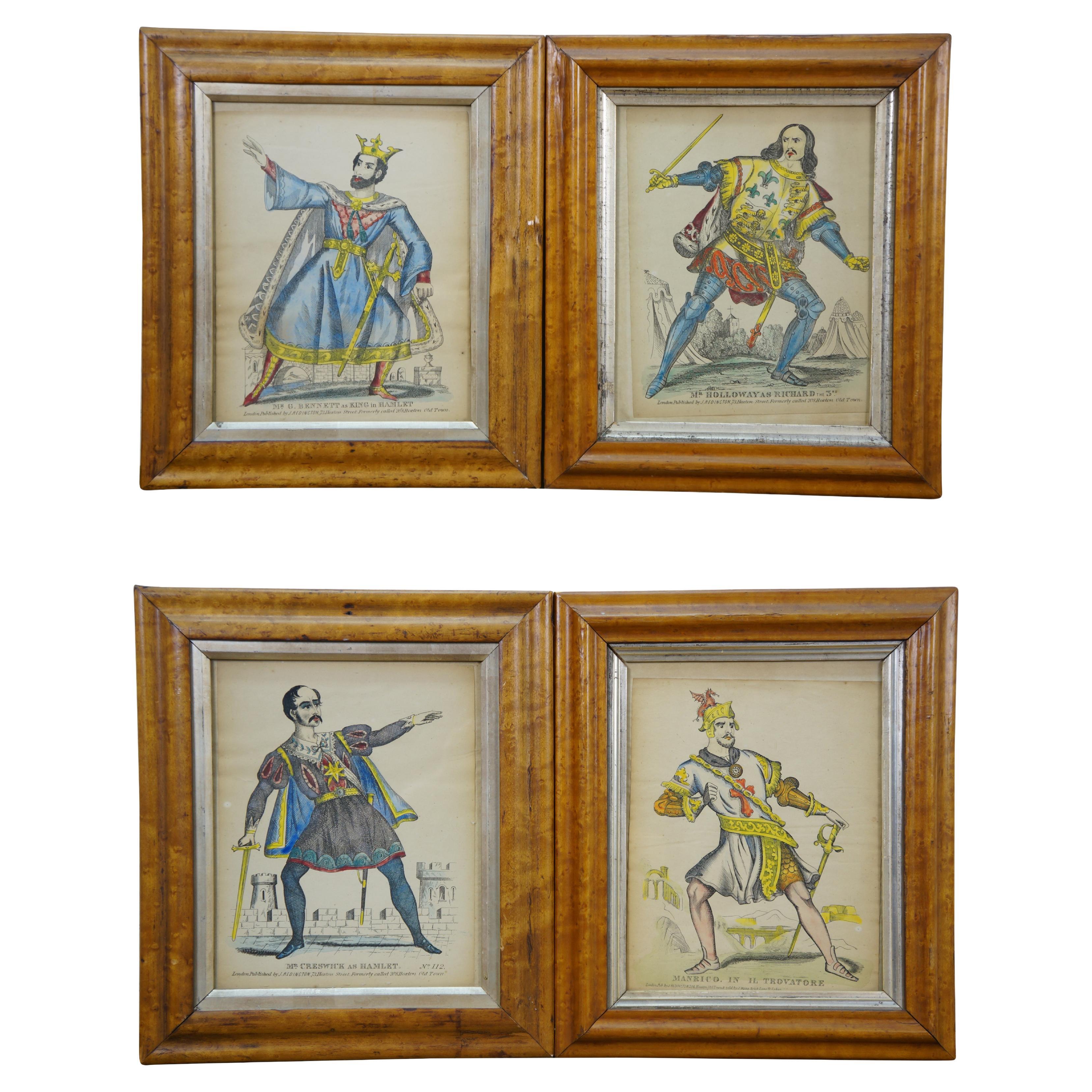 4 Stampe antiche J Redington London Shakespeare Theatrical Tinsel Etching Prints 13"