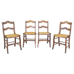 4 Antique Late Victorian American Oak Ladderback Dining Side Chairs Cane Seat
