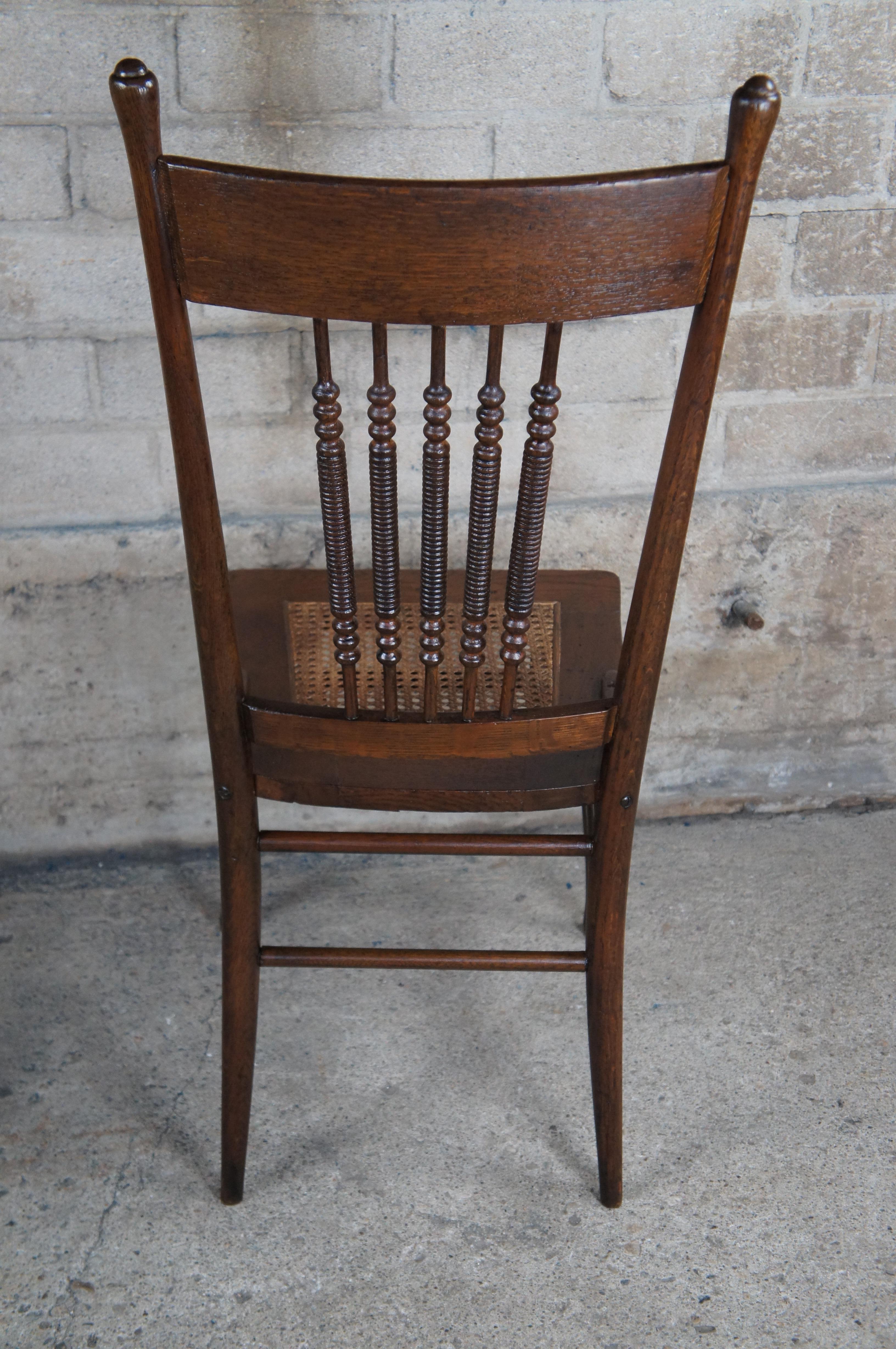 4 Antique Oak Press Back Carved Dining Chairs Cane Seat Spindled For Sale 4