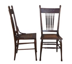 4 Antique Oak Press Back Carved Dining Chairs Cane Seat Spindled