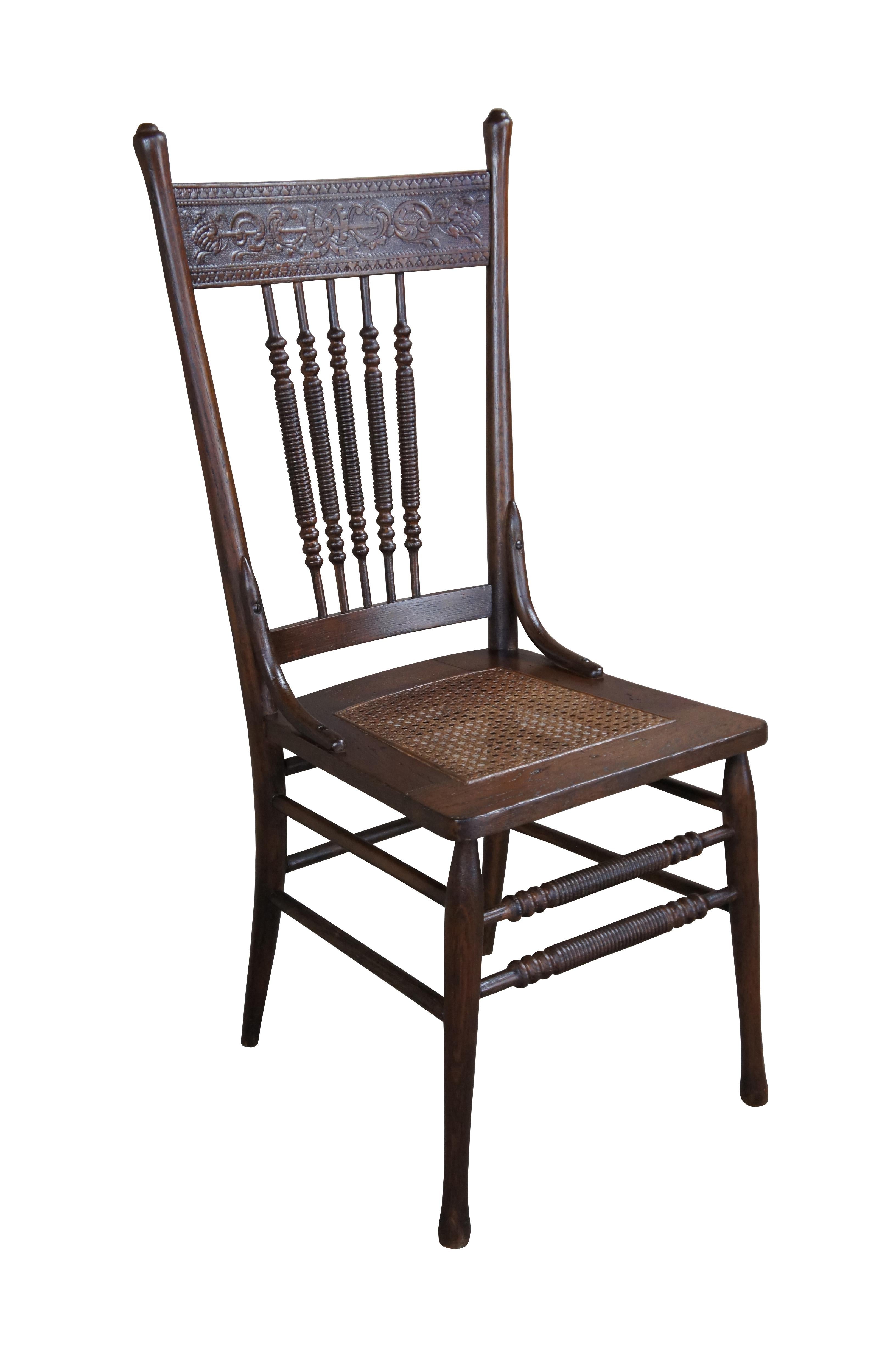 Victorian 4 Antique Oak Press Back Carved Dining Chairs Cane Seat Spindled For Sale
