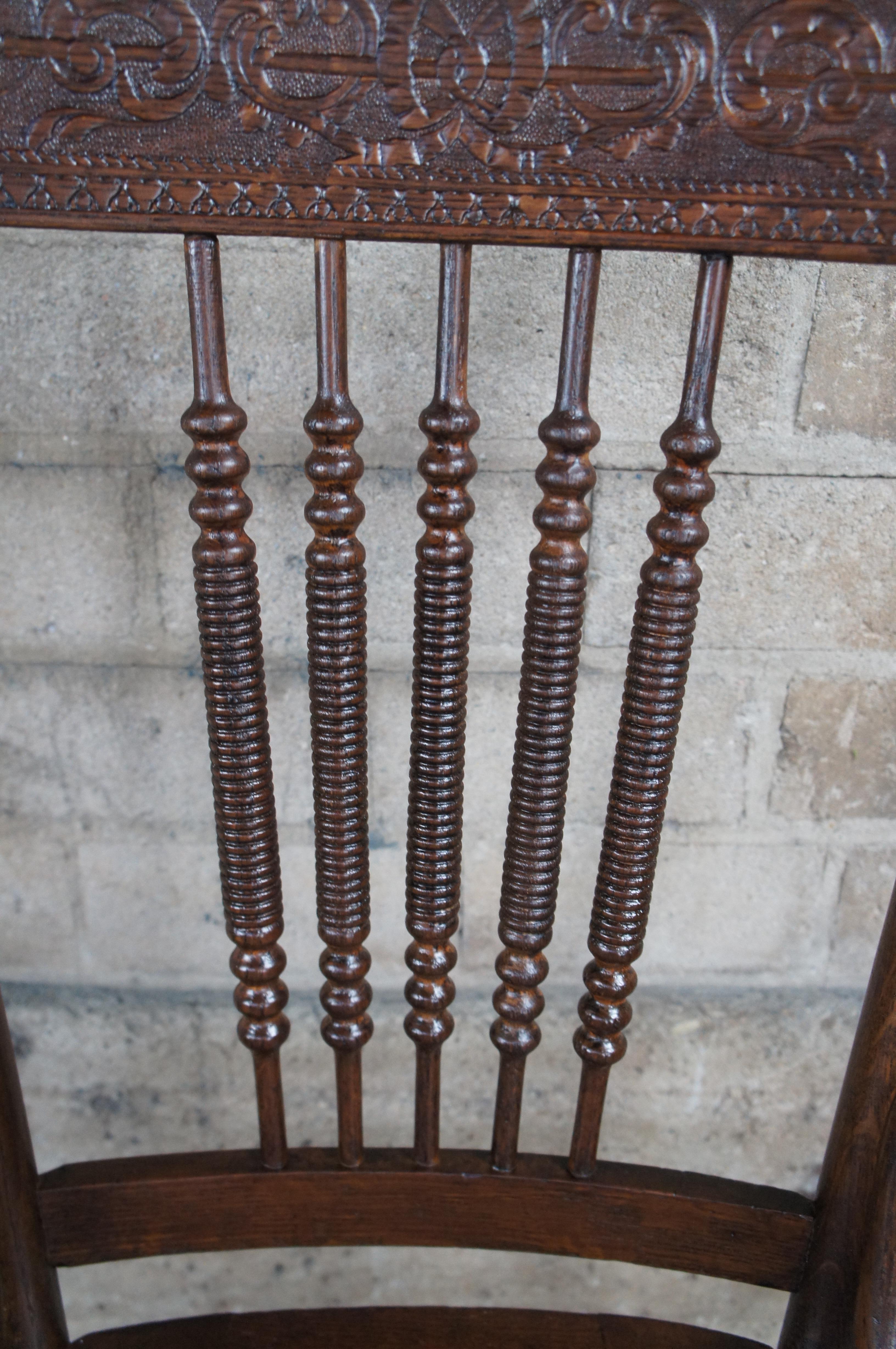 20th Century 4 Antique Oak Press Back Carved Dining Chairs Cane Seat Spindled For Sale
