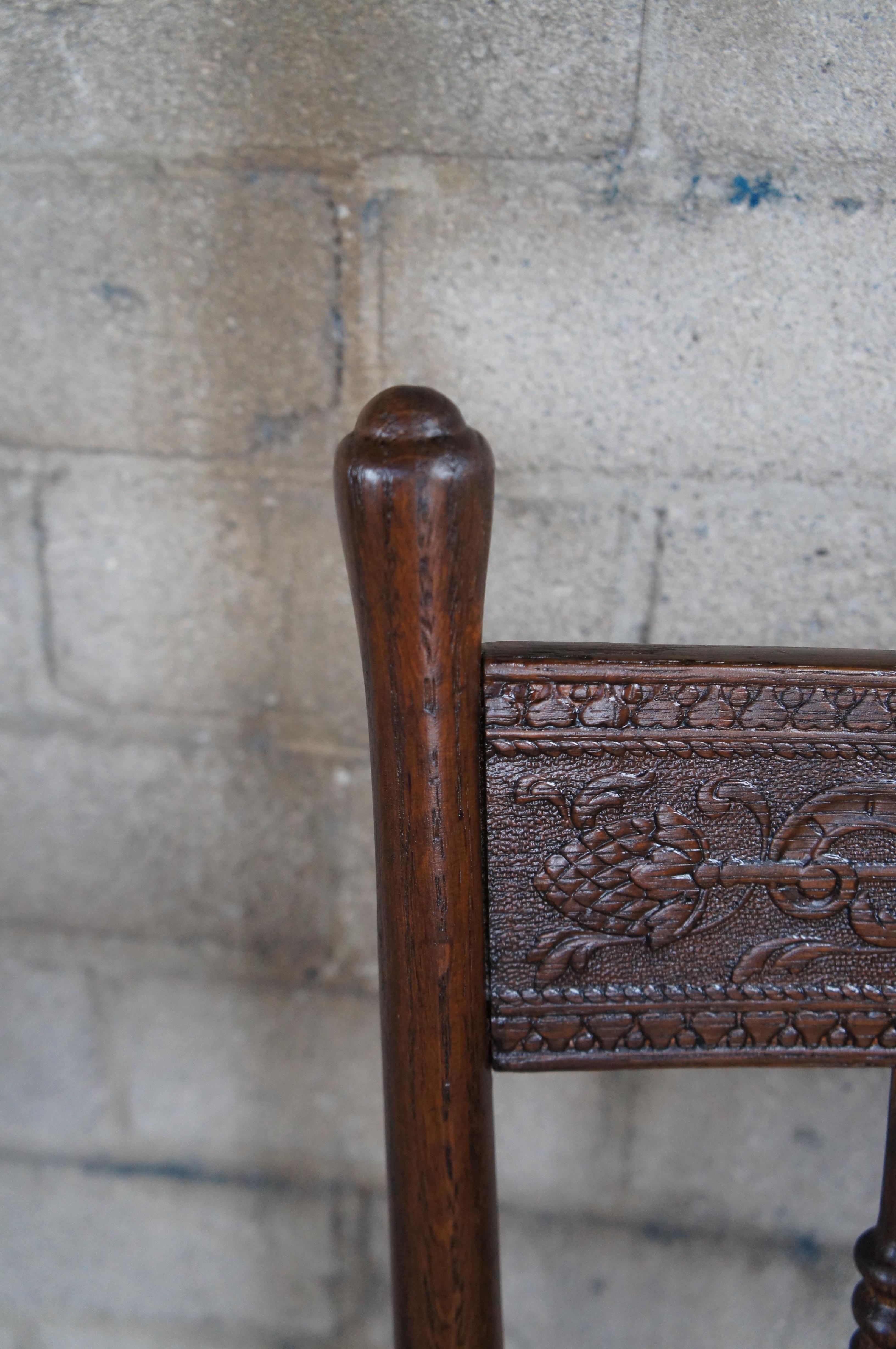 4 Antique Oak Press Back Carved Dining Chairs Cane Seat Spindled For Sale 1