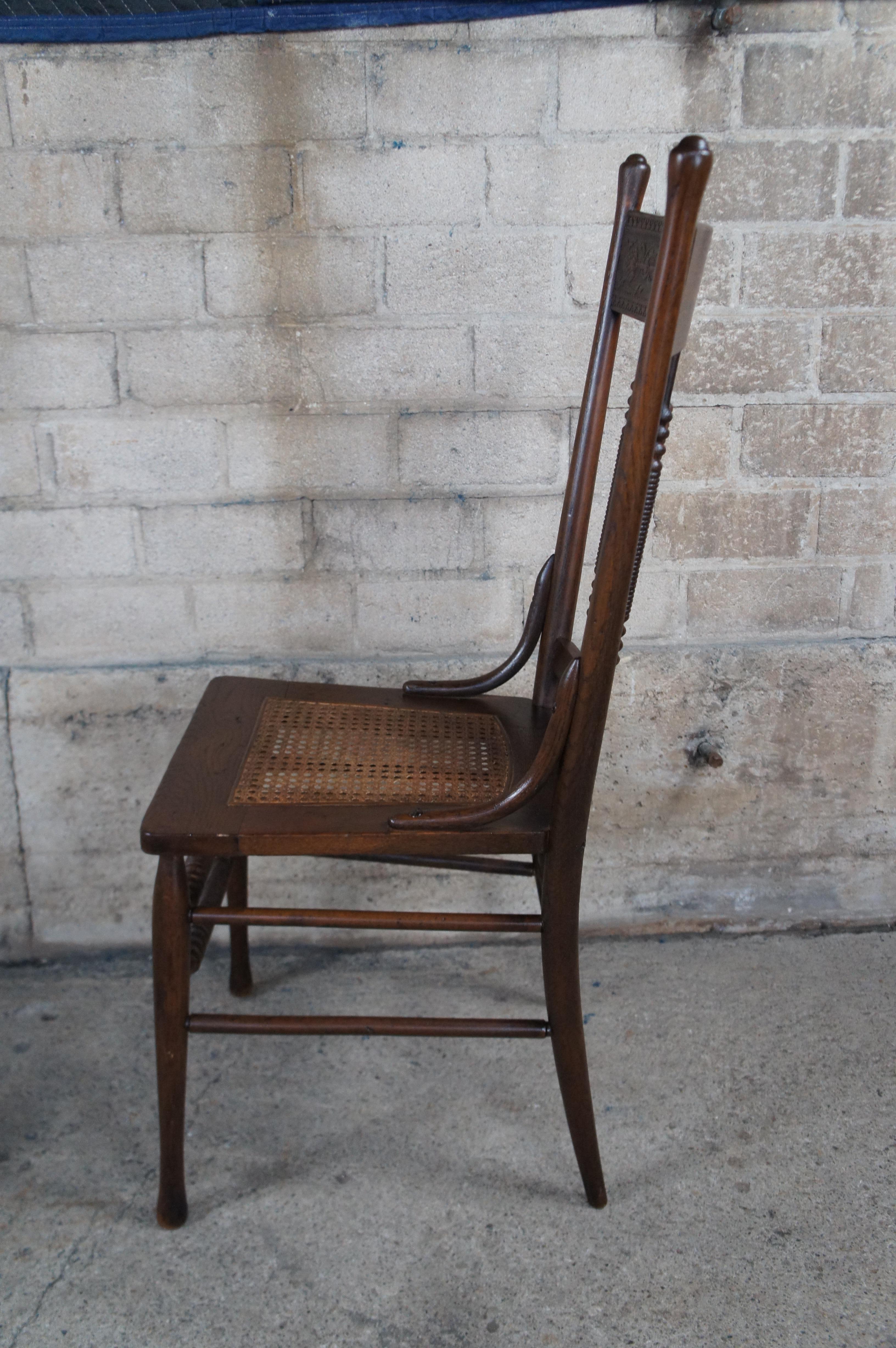 4 Antique Oak Press Back Carved Dining Chairs Cane Seat Spindled For Sale 2
