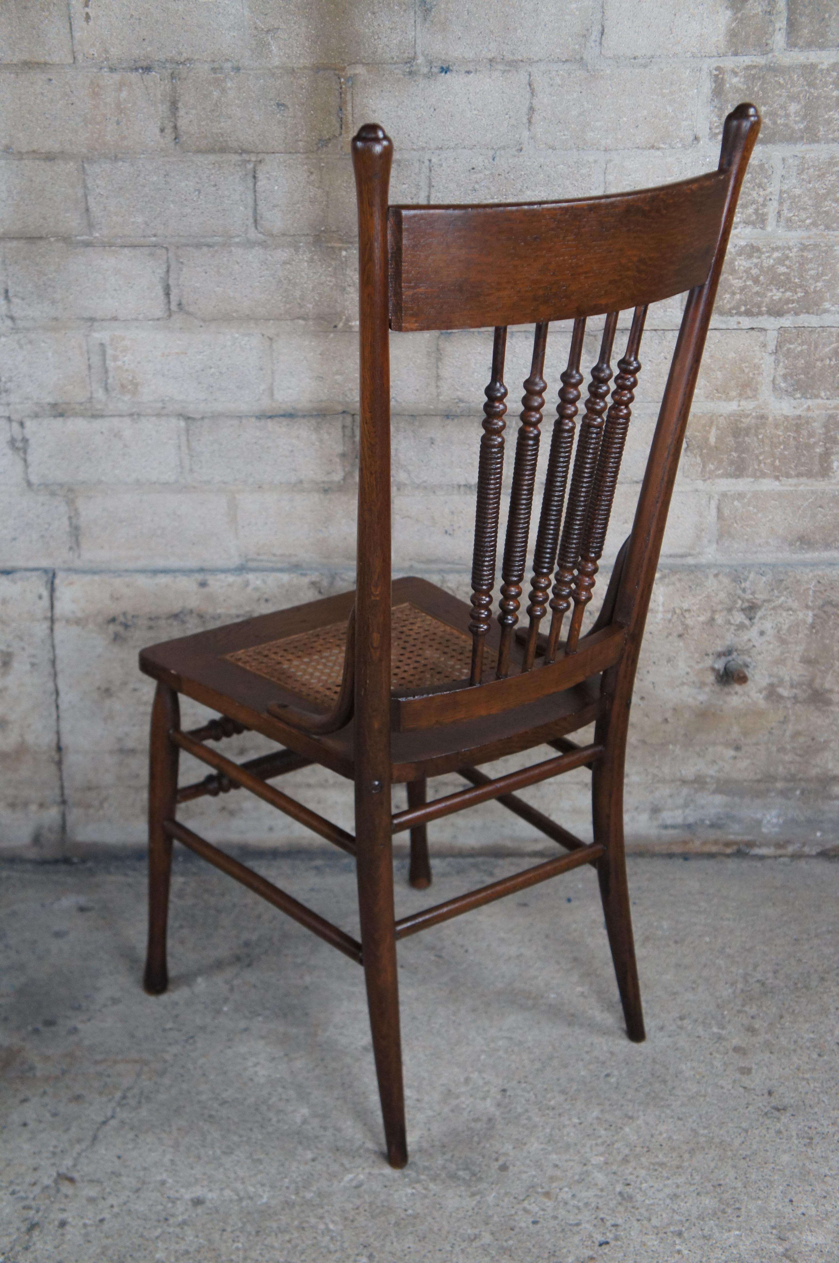 4 Antique Oak Press Back Carved Dining Chairs Cane Seat Spindled For Sale 3