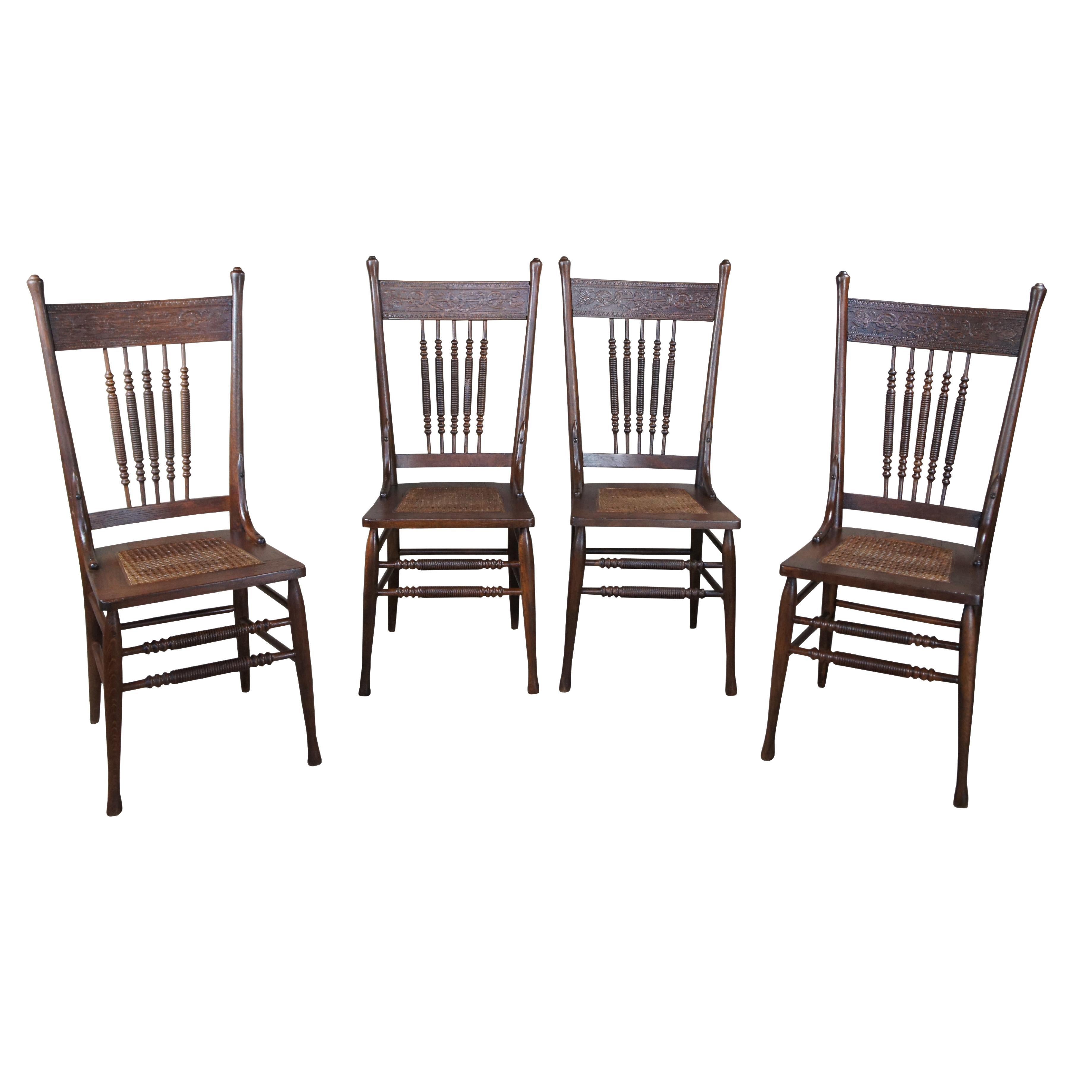 4 Antique Oak Press Back Carved Dining Chairs Cane Seat Spindled