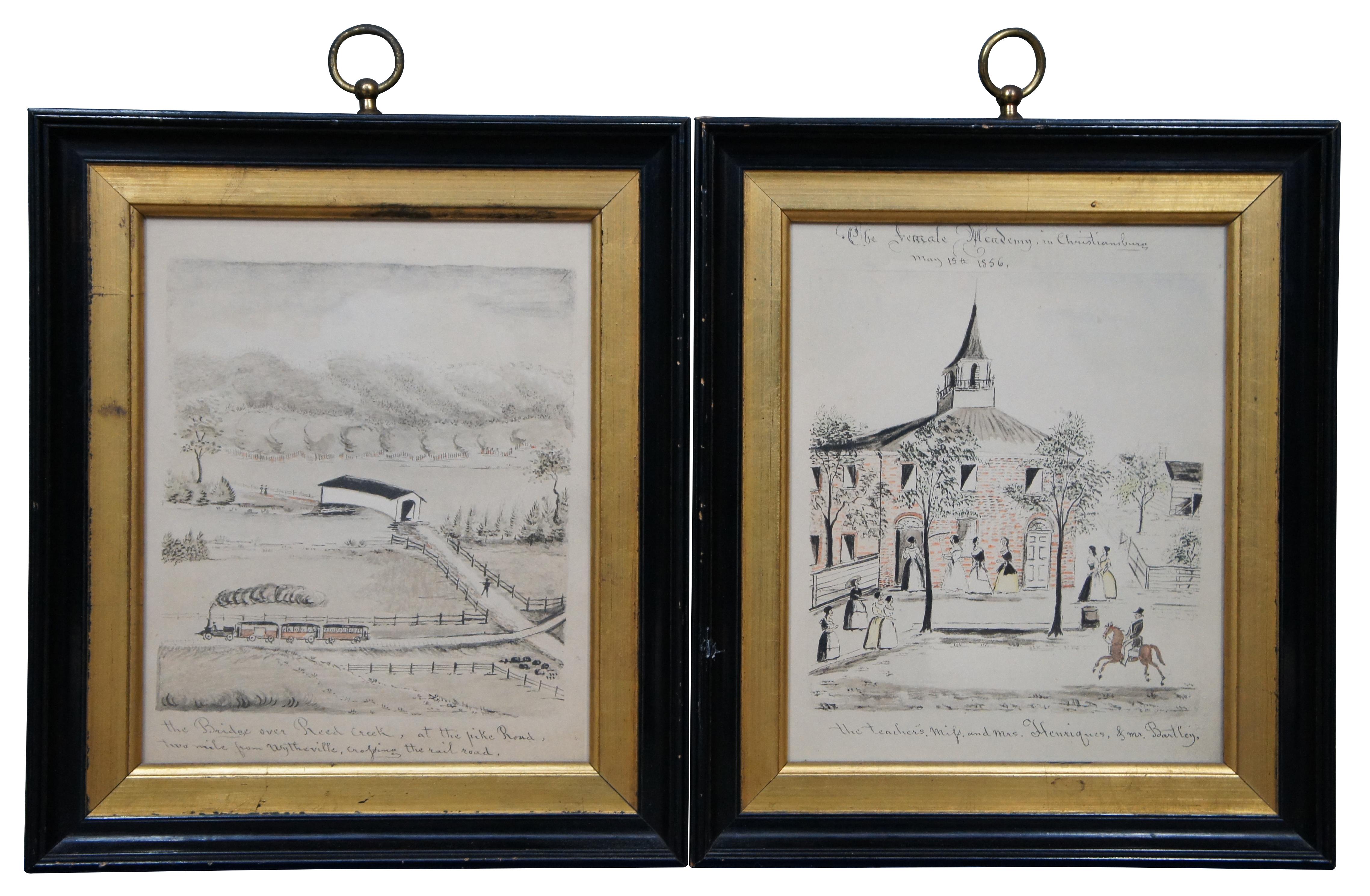 Set of 4 antique hand colored folk art style prints by Lewis Miller. Set includes The Residence of Mr. Croctett in Wytheville. July 1th, 1856; The New Presbyterian Church, Build in 1853; The Bridge over Reed Creek; and The Female Academy, in
