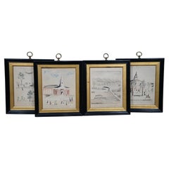 4 Estampes hollandaises anciennes encadrées d'art populaire de Pennsylvanie de style Lewis Miller de 11 pouces
