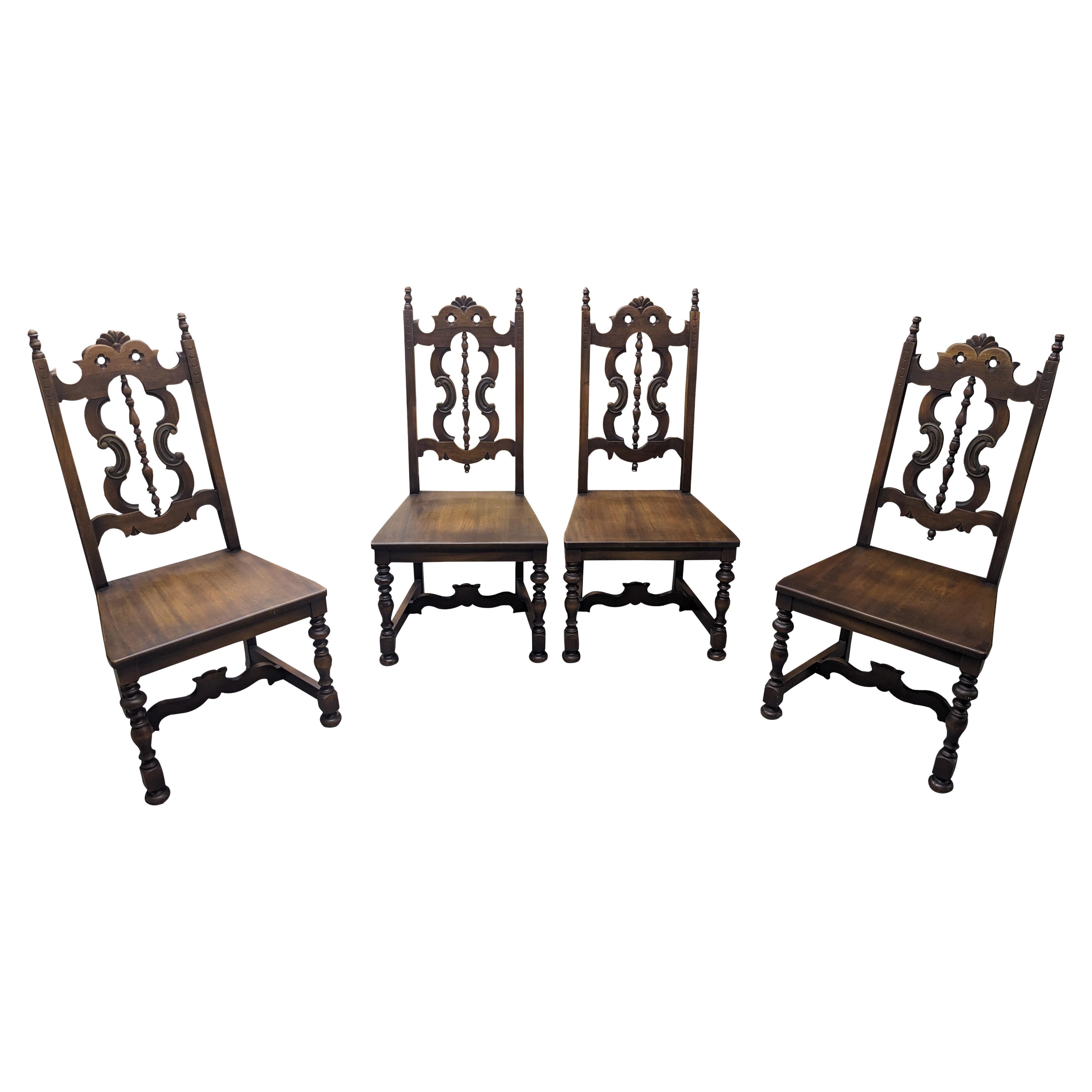 4 Antique Lifetime Furniture Jacobean Gothic Spanish Walnut Dining Chairs Set For Sale