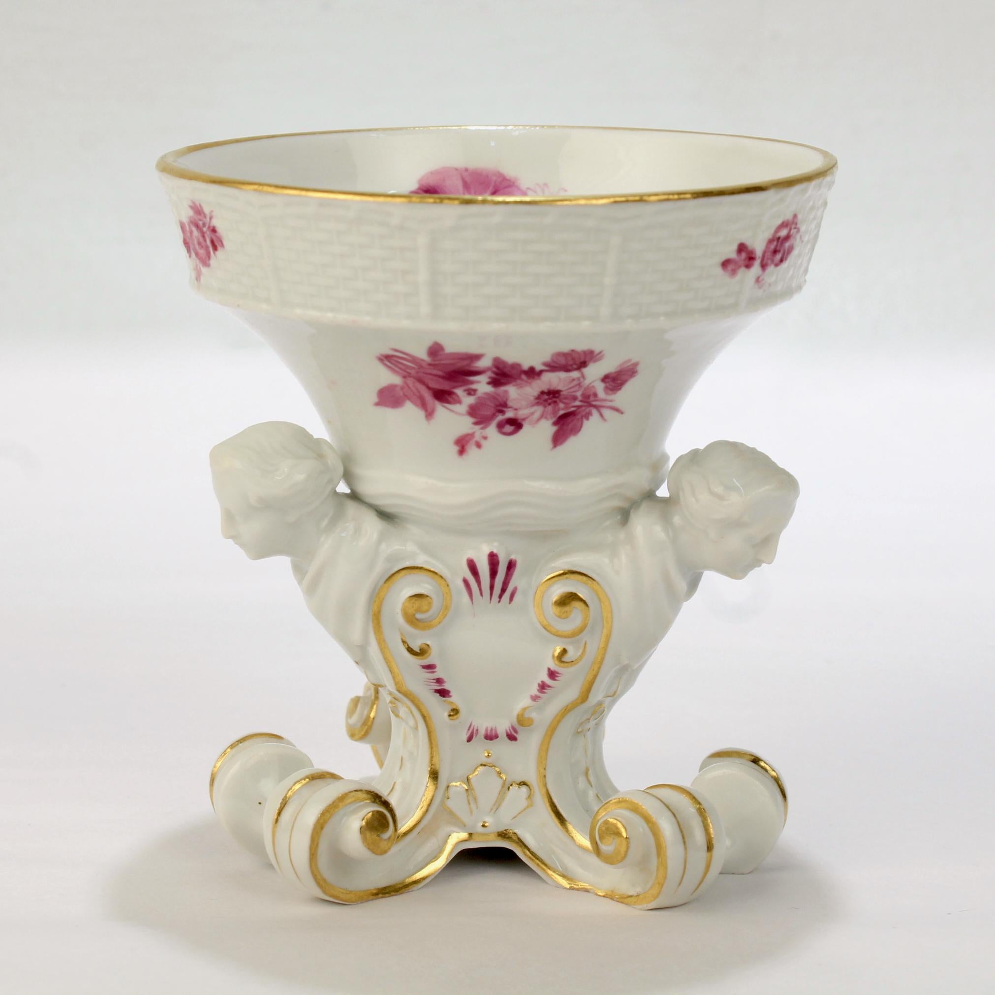 4 Antique Meissen Porcelain Footed Frauenkopf Salt Cellars with Puce Flowers For Sale 4