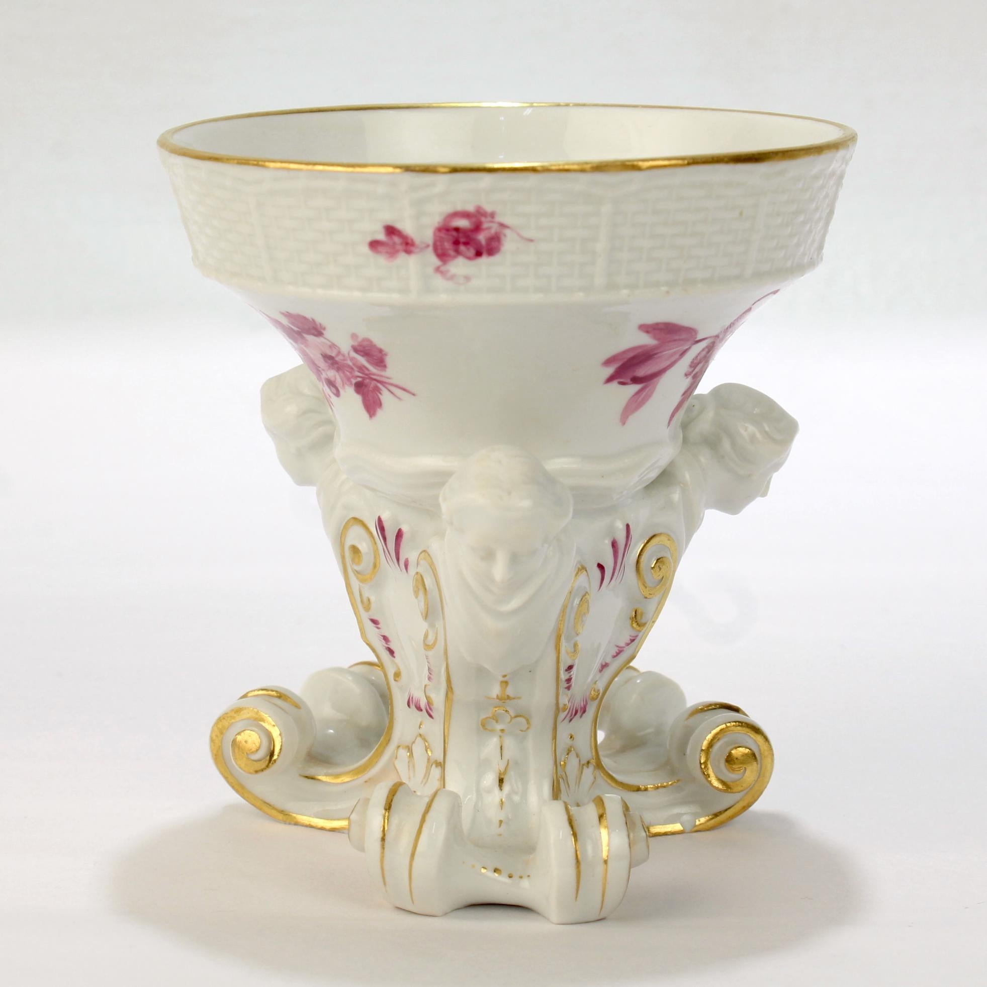 4 Antique Meissen Porcelain Footed Frauenkopf Salt Cellars with Puce Flowers For Sale 5