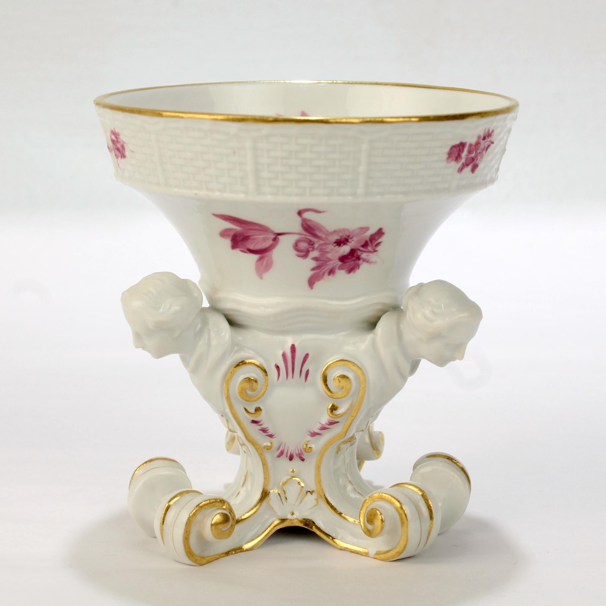 4 Antique Meissen Porcelain Footed Frauenkopf Salt Cellars with Puce Flowers For Sale 6