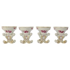 4 Antique Meissen Porcelain Footed Frauenkopf Salt Cellars with Puce Flowers