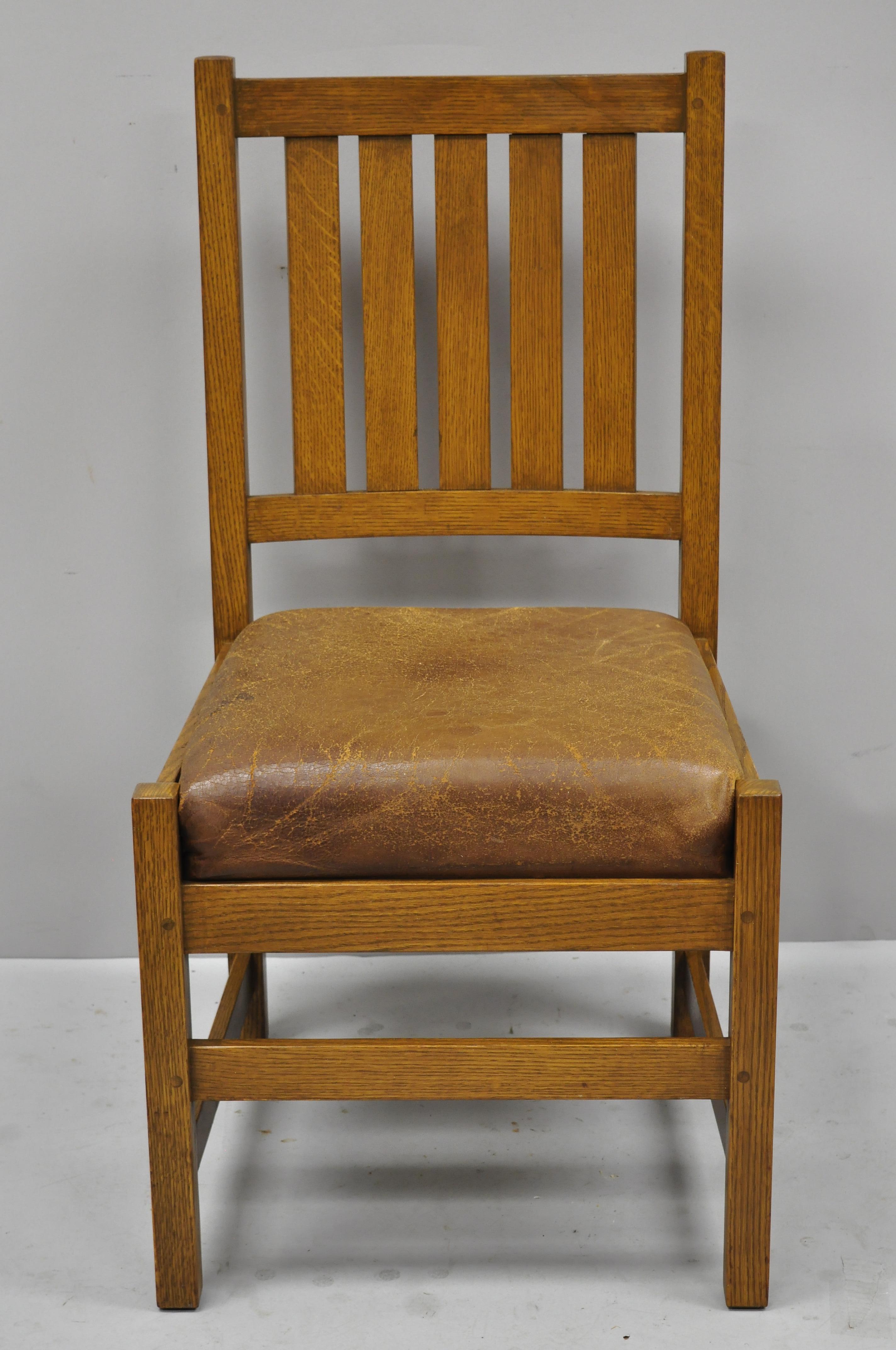 4 Antique Mission Oak Arts & Crafts Stickley Style Dining Chairs Leather Seats 4