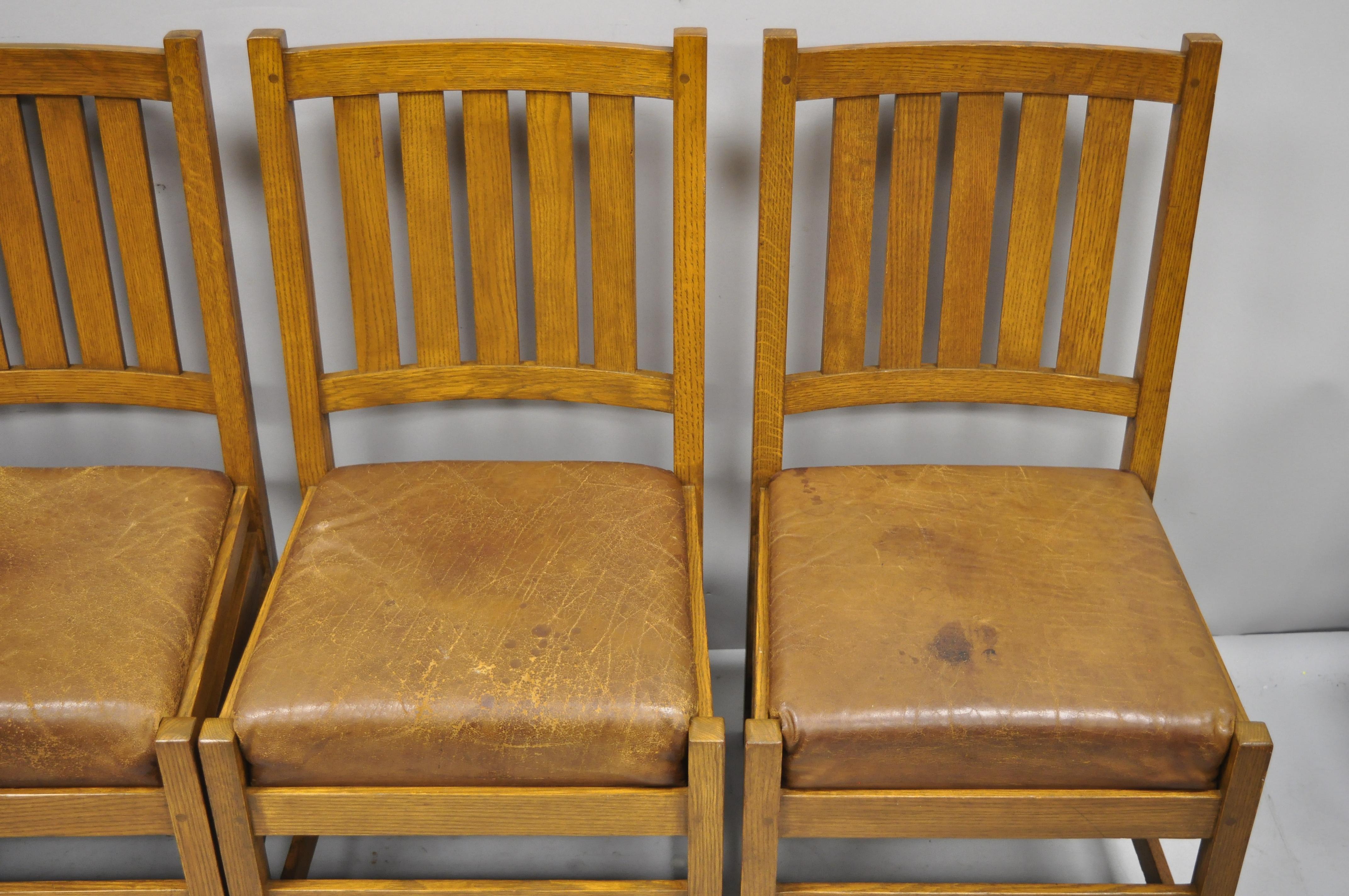American 4 Antique Mission Oak Arts & Crafts Stickley Style Dining Chairs Leather Seats