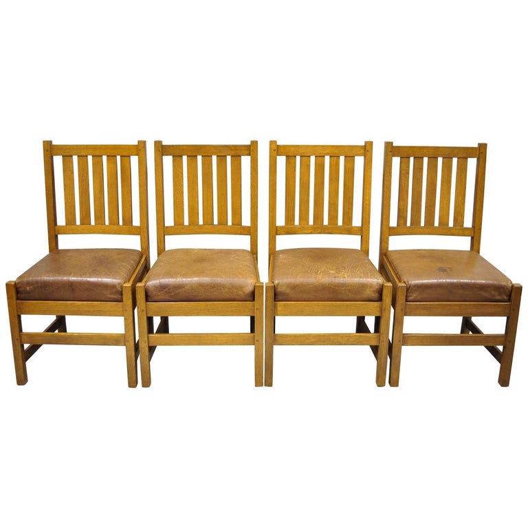4 Antique Mission Oak Arts And Crafts Stickley Style Dining Chairs