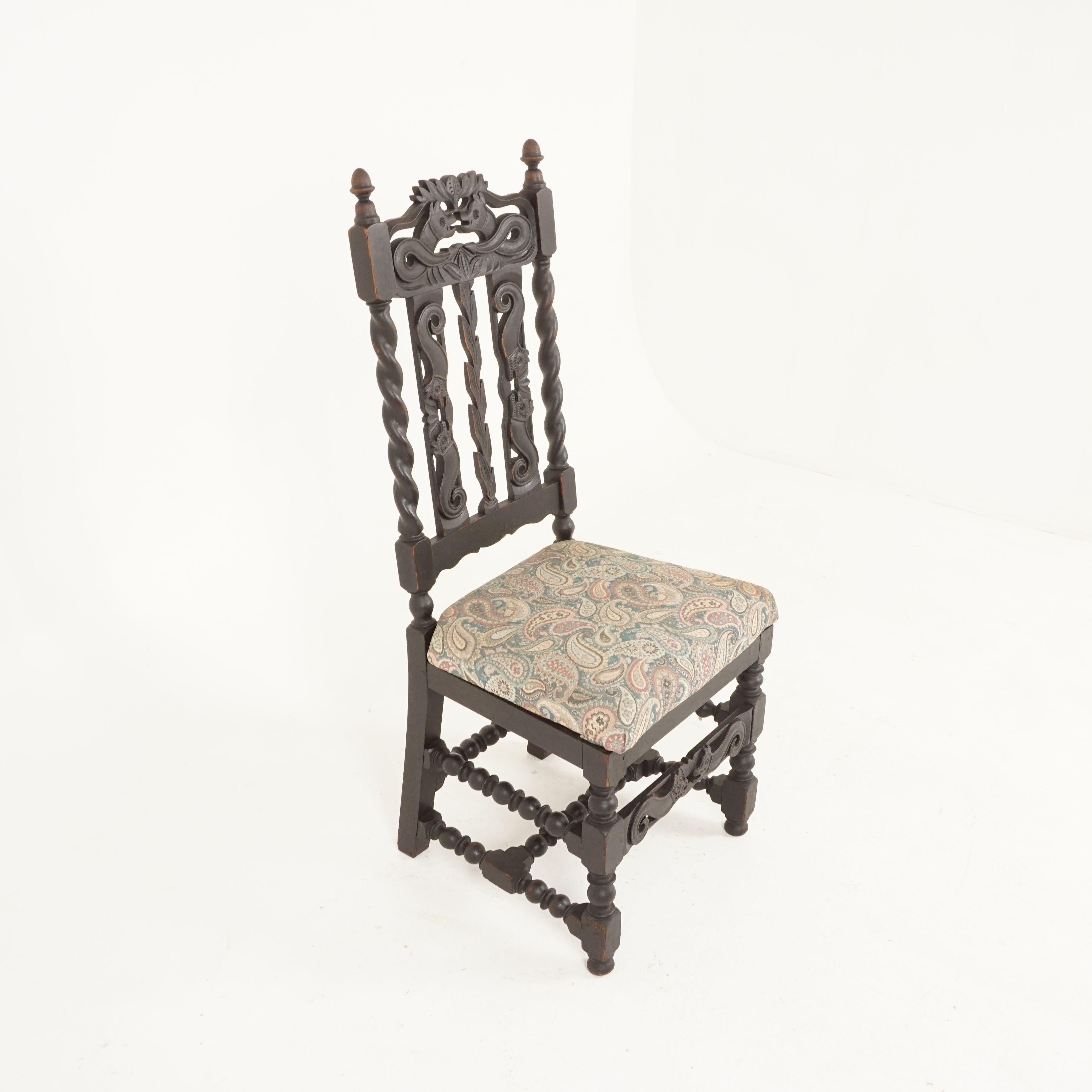 4 antique oak barley twist chairs, dining chairs, Scotland 1890, B1791

Scotland, 1890
Solid oak
Original finish
Carved open rail on top
Barley twist supports with finials on the top
Carved vertical slats on back
Large upholstered lift out