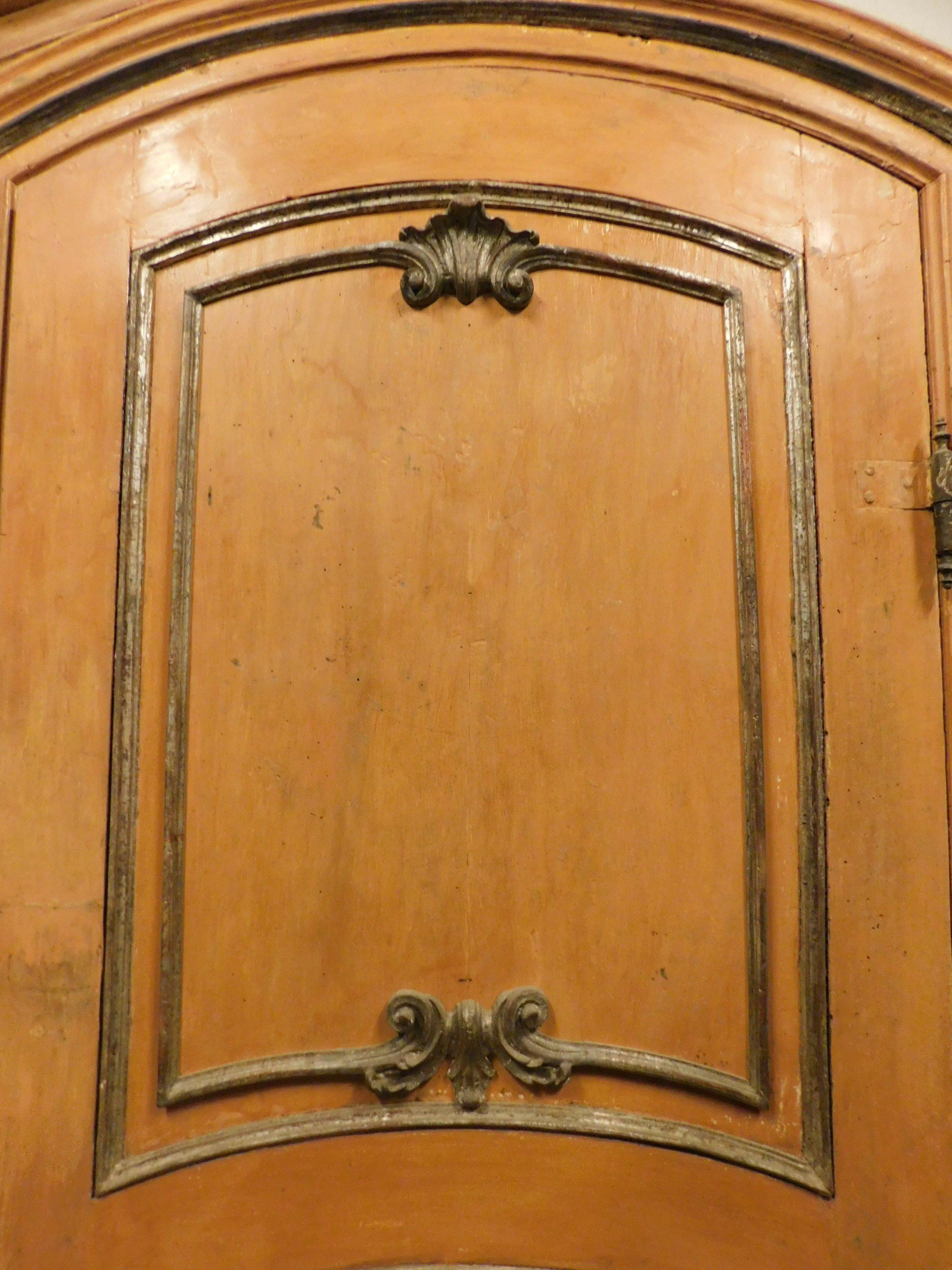 Italian 4 Antique Orange Lacquered Wooden Doors with Silver Moldings, Late 1600, Italy For Sale