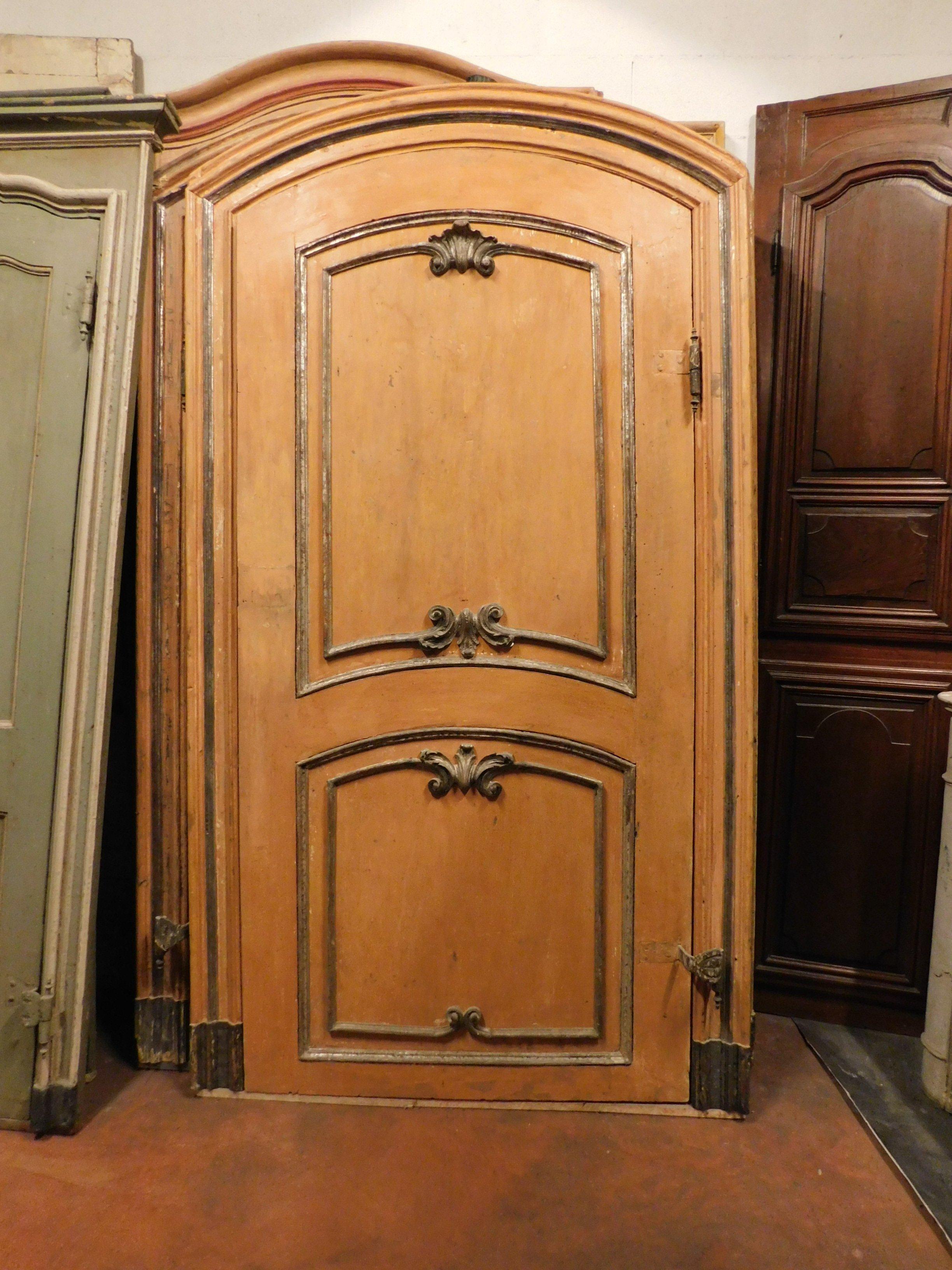 Hand-Painted 4 Antique Orange Lacquered Wooden Doors with Silver Moldings, Late 1600, Italy For Sale