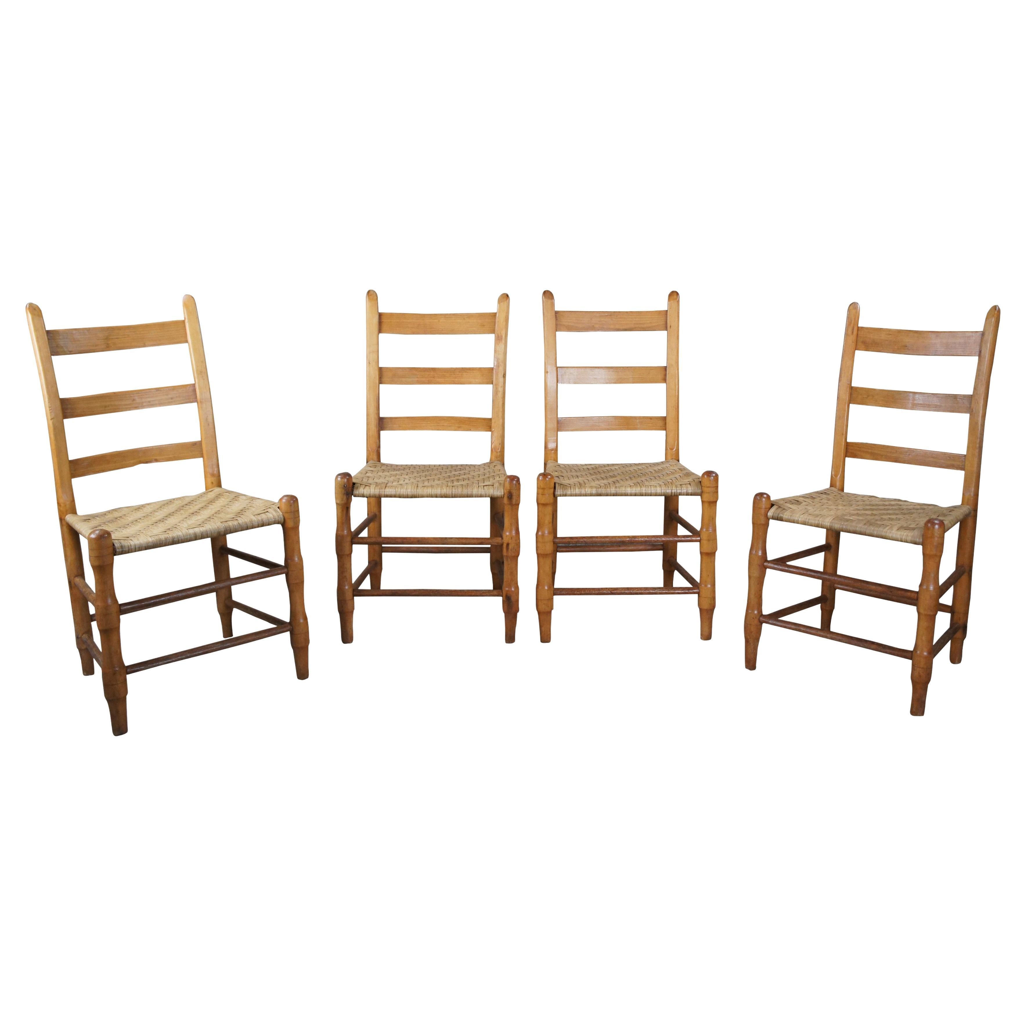 4 Antique Primitive Shaker Maple Farmhouse Country Ladderback Rush Dining Chairs