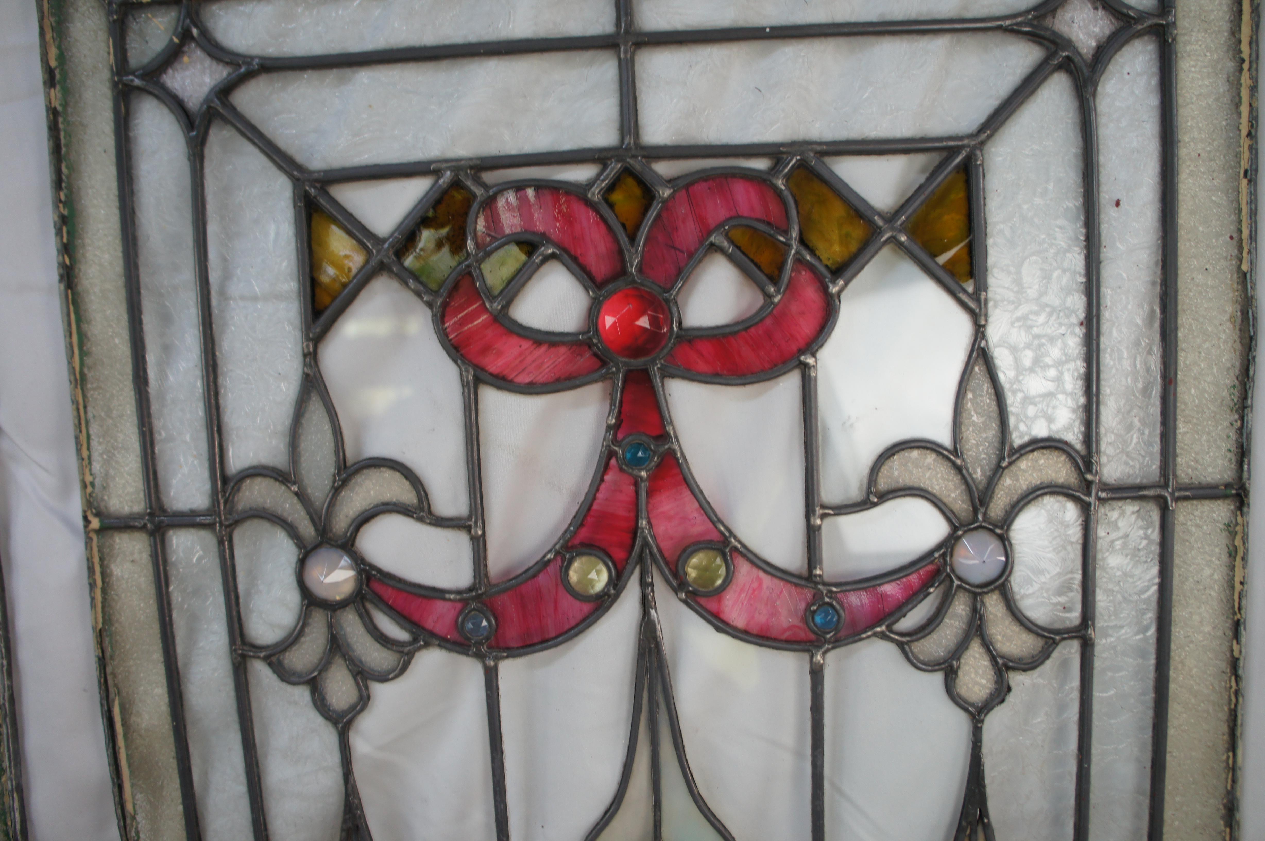 4 antike, aufgearbeitete, französische, neoklassizistische Blei-Glas-Leinwände mit Juwelen, 38