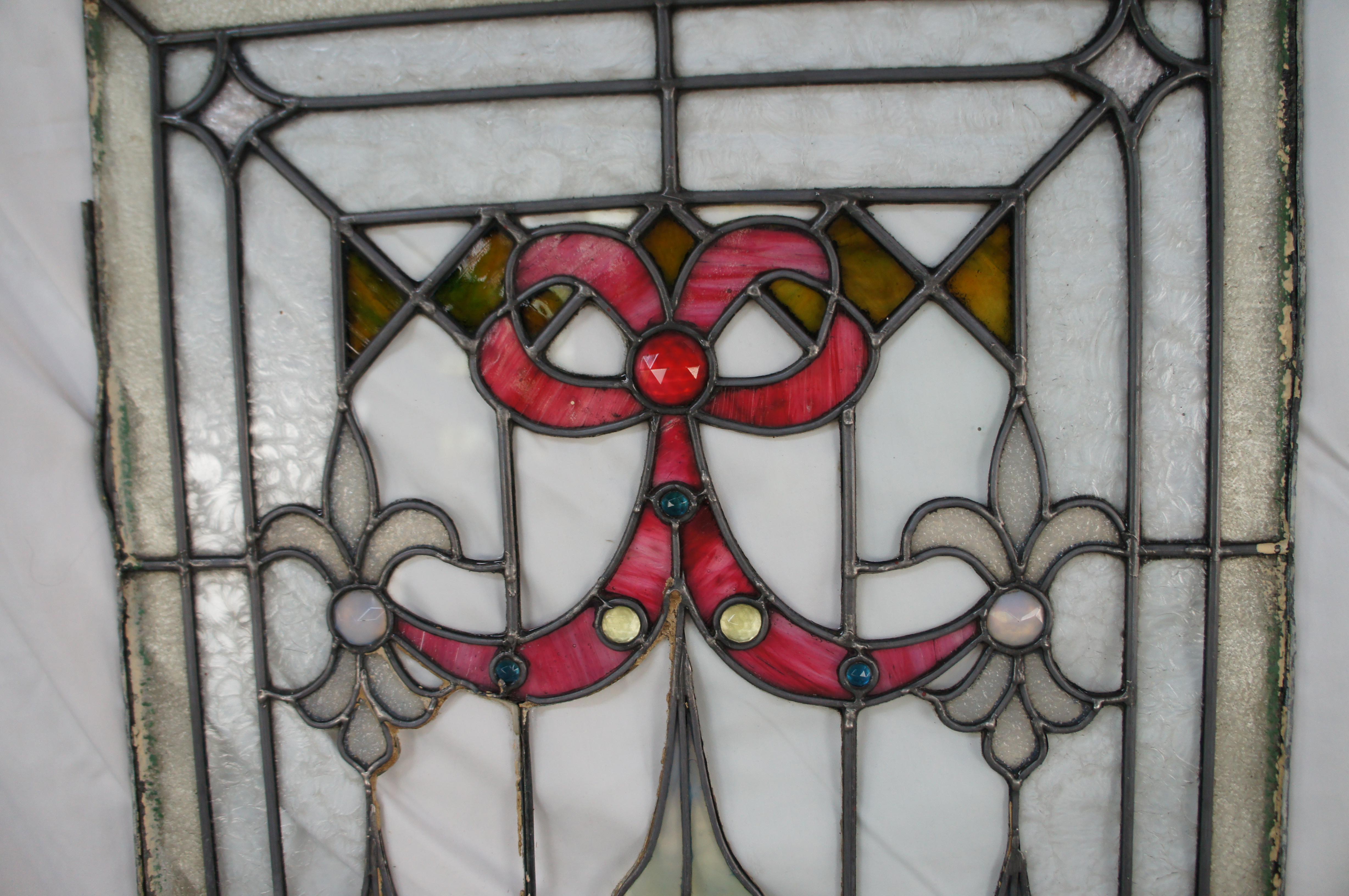 4 antike, aufgearbeitete, französische, neoklassizistische Blei-Glas-Leinwände mit Juwelen, 38