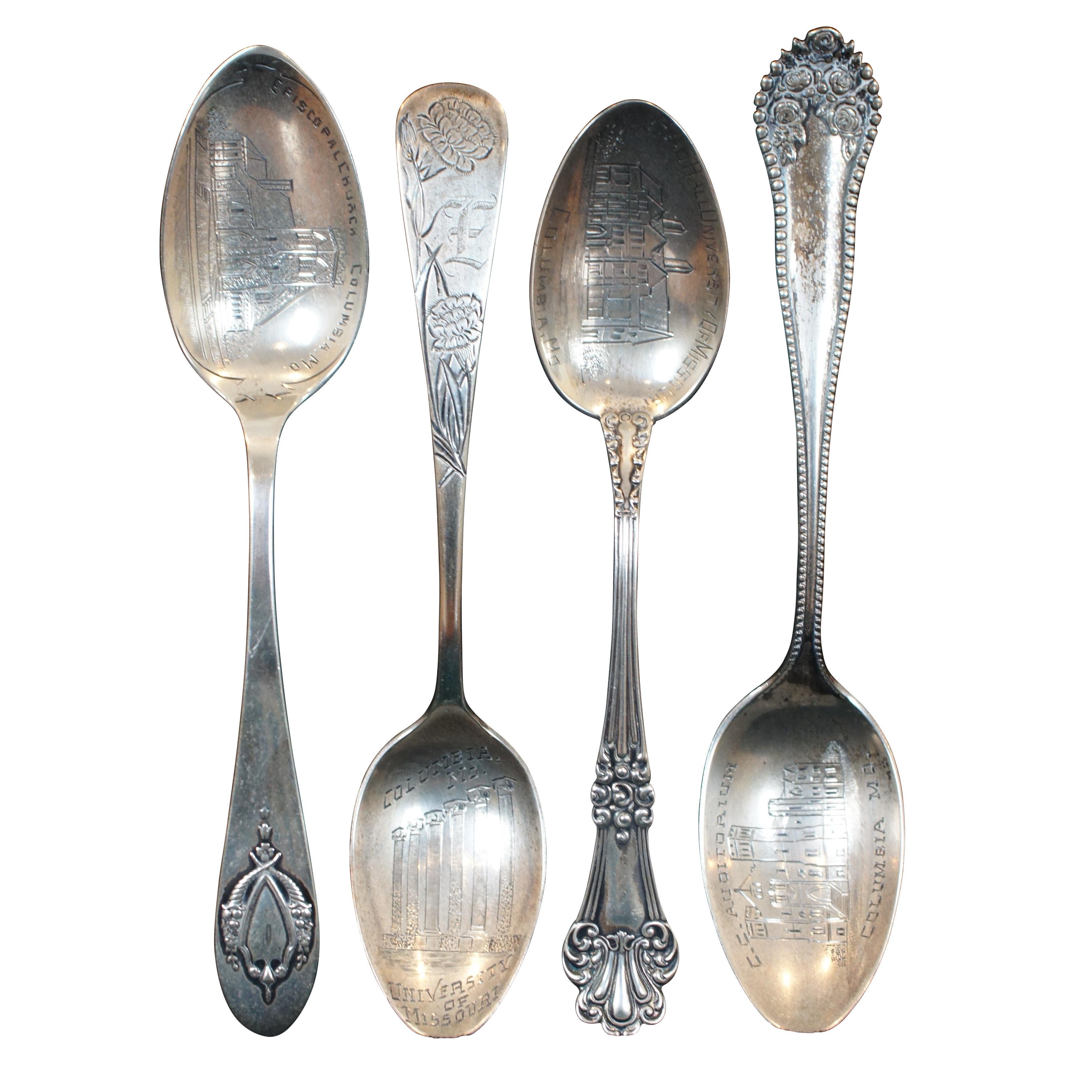 4 Antichi cucchiai da souvenir in argento Gorham Lunt Mechanics Missouri Columbia