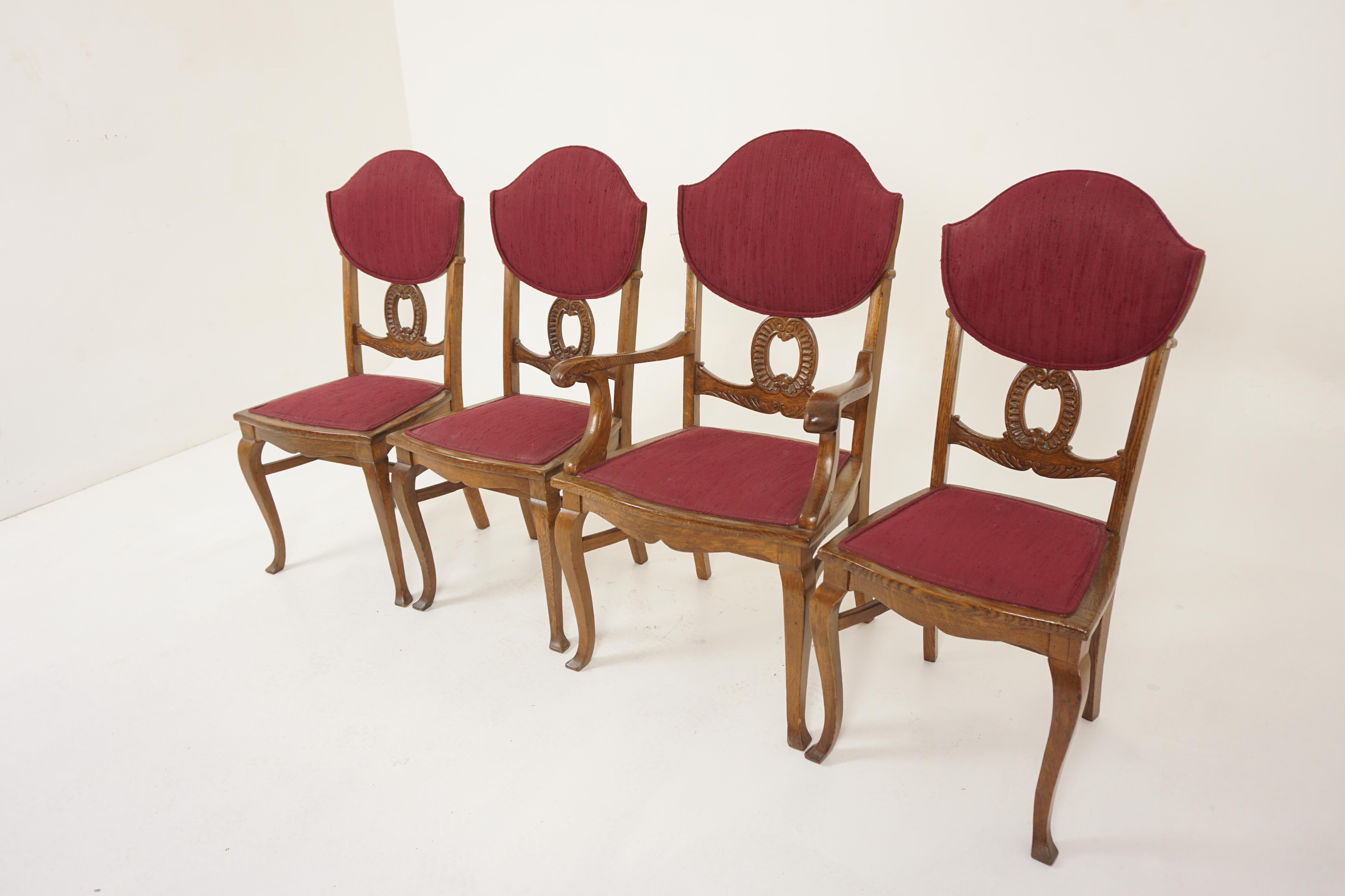 America 1910
Solid Tiger Oak
Original Finish
Upholstered shaped back
Carved center rail below
Upholstered seat
All standing on shaped legs with cross stretcher
Nice condition and solid robust chairs

H1198

Single chairs 18