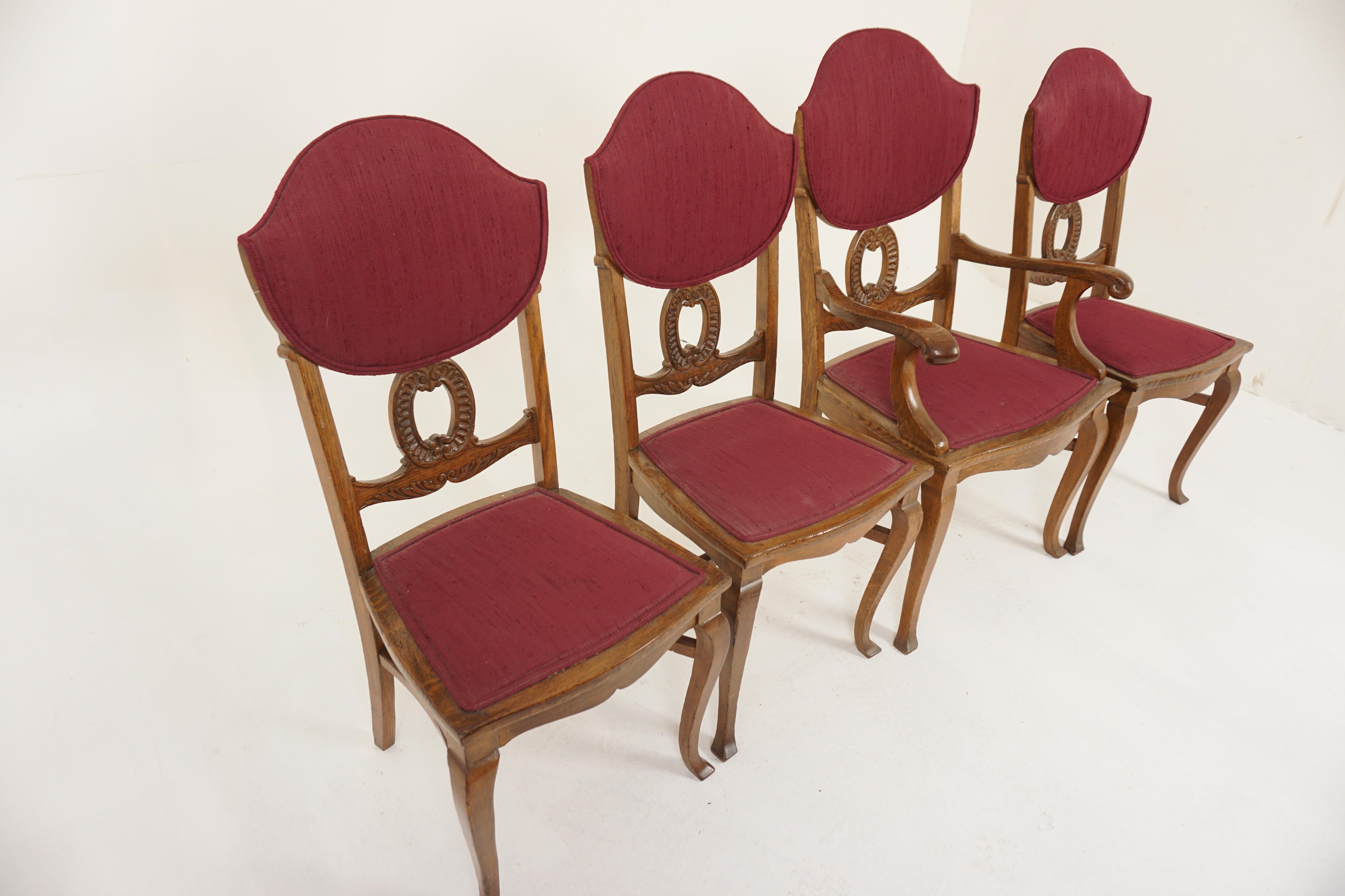 Scottish 4 Antique Tiger Oak American Dining Chairs Upholstered Seats, America 1910 H1198 For Sale