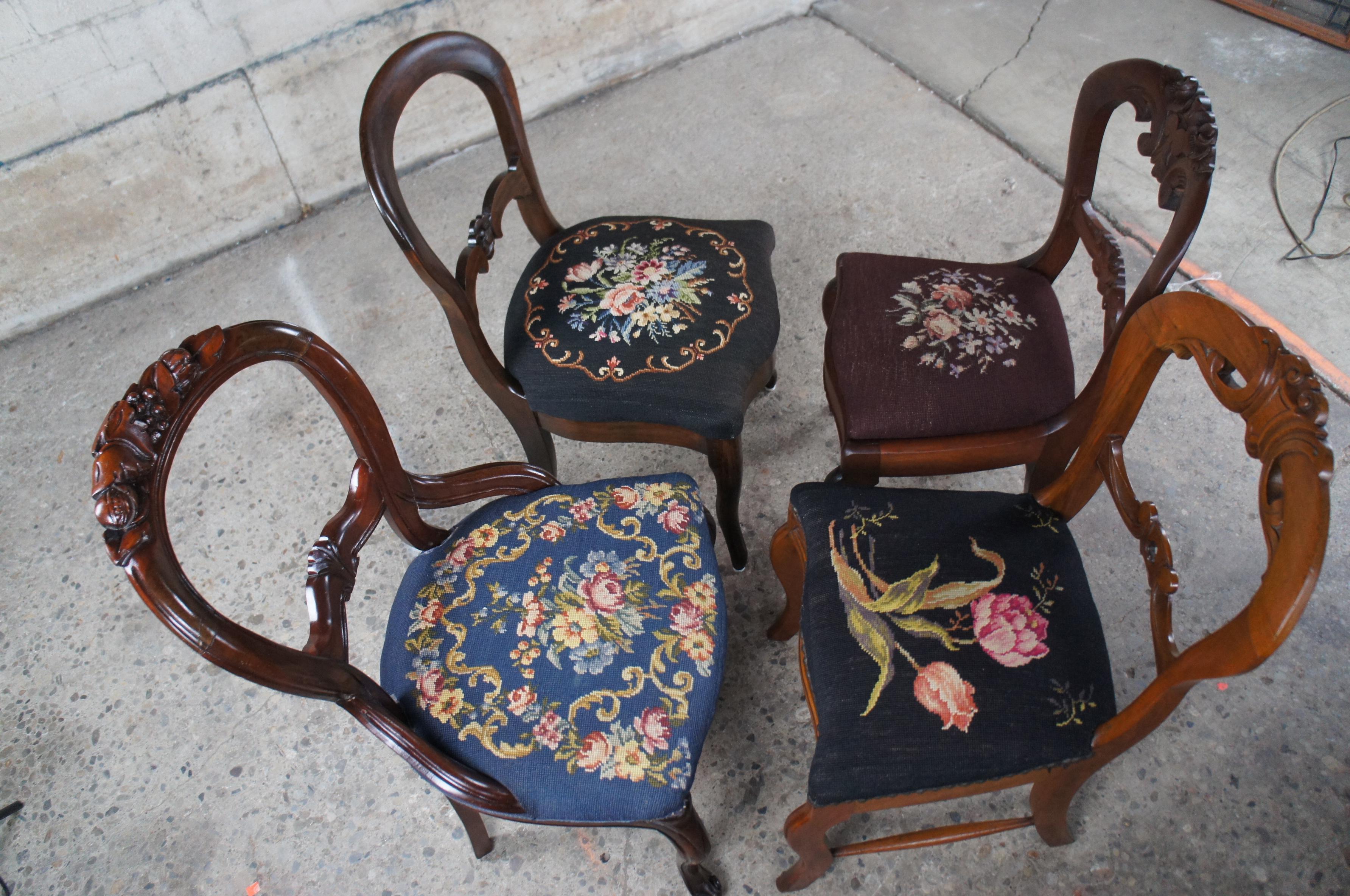 4 Antique Victorian Carved Mahogany Balloon Back Side Chairs Needlepoint Seat For Sale 8