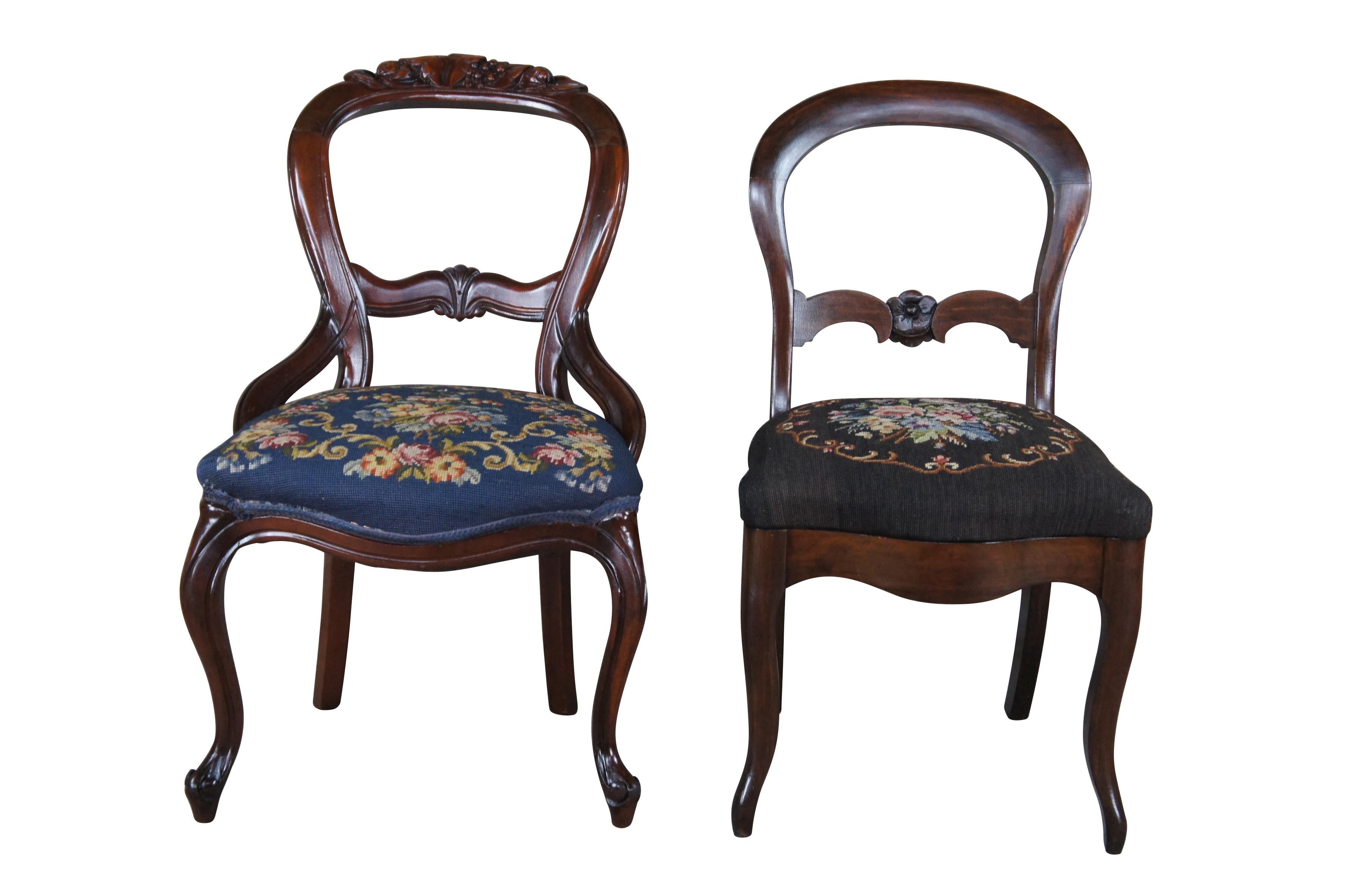 Lot of 4 Victorian Dining or side chairs from the last half of the 19th century.  Each is made from mahogany with a carved balloon back and floral needelpoint.  Each of the chairs has a serpentine front apron and contoured or cabriole legs.  
