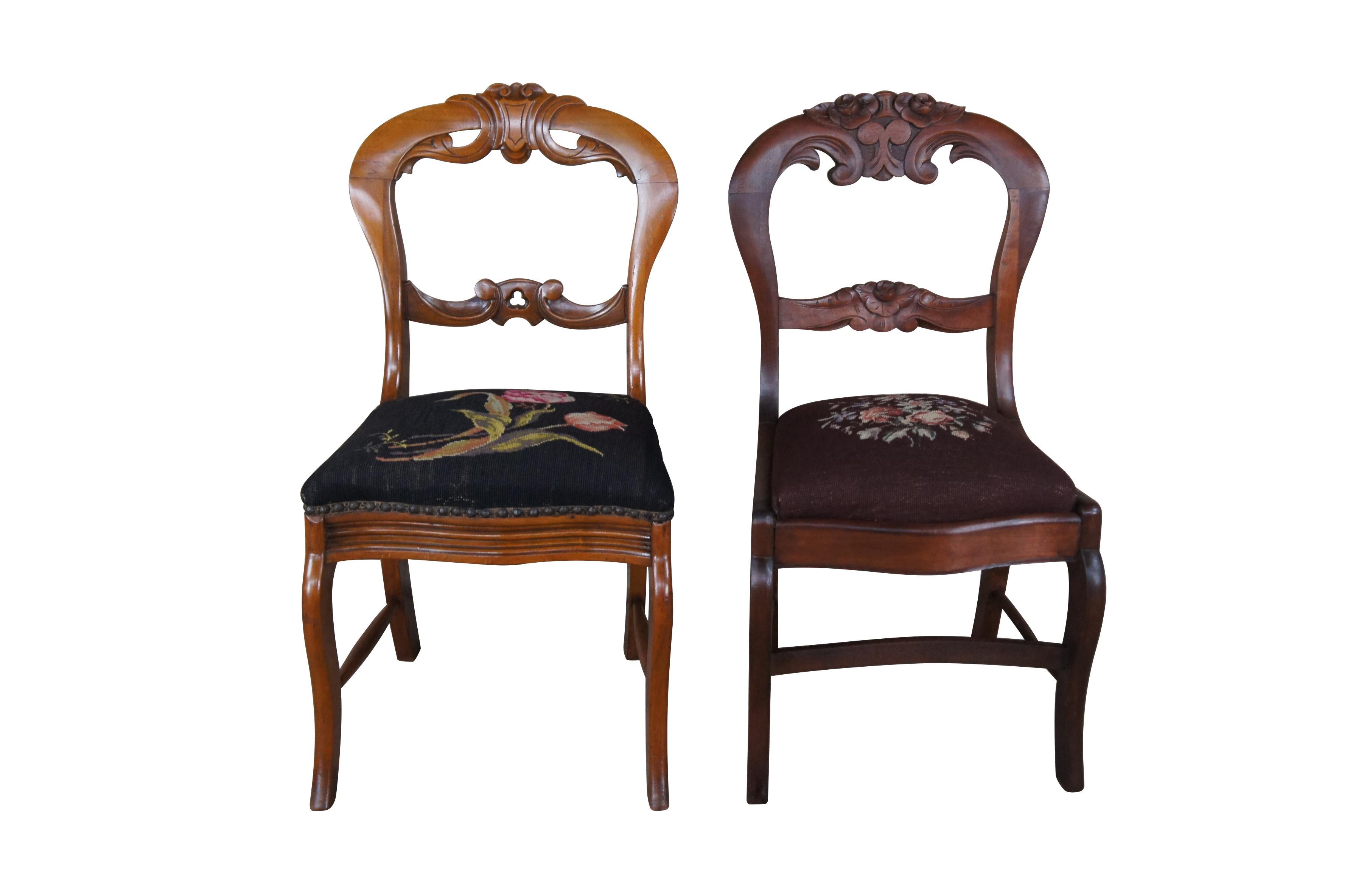 4 Antique Victorian Carved Mahogany Balloon Back Side Chairs Needlepoint Seat In Good Condition For Sale In Dayton, OH