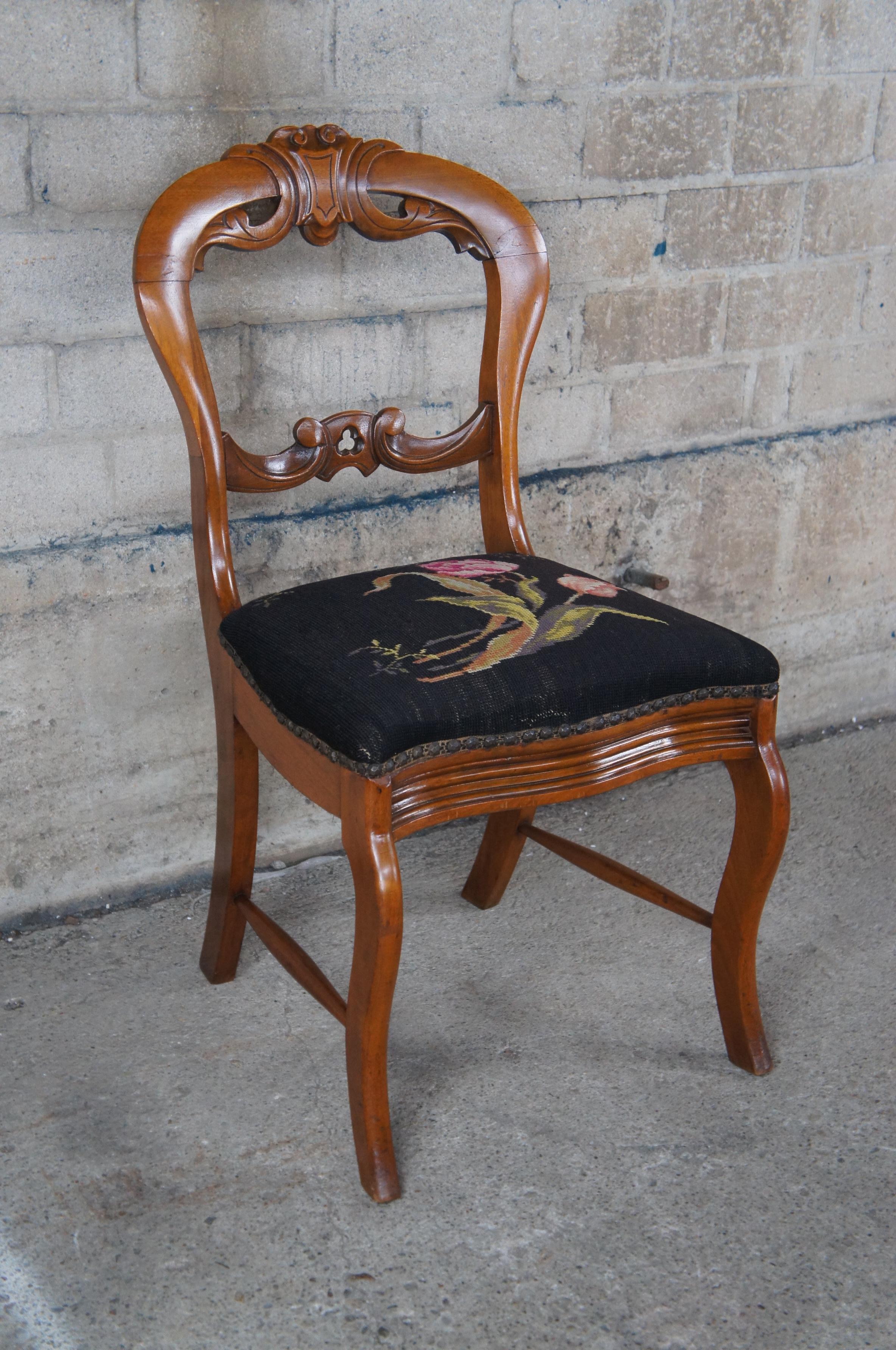 19th Century 4 Antique Victorian Carved Mahogany Balloon Back Side Chairs Needlepoint Seat For Sale