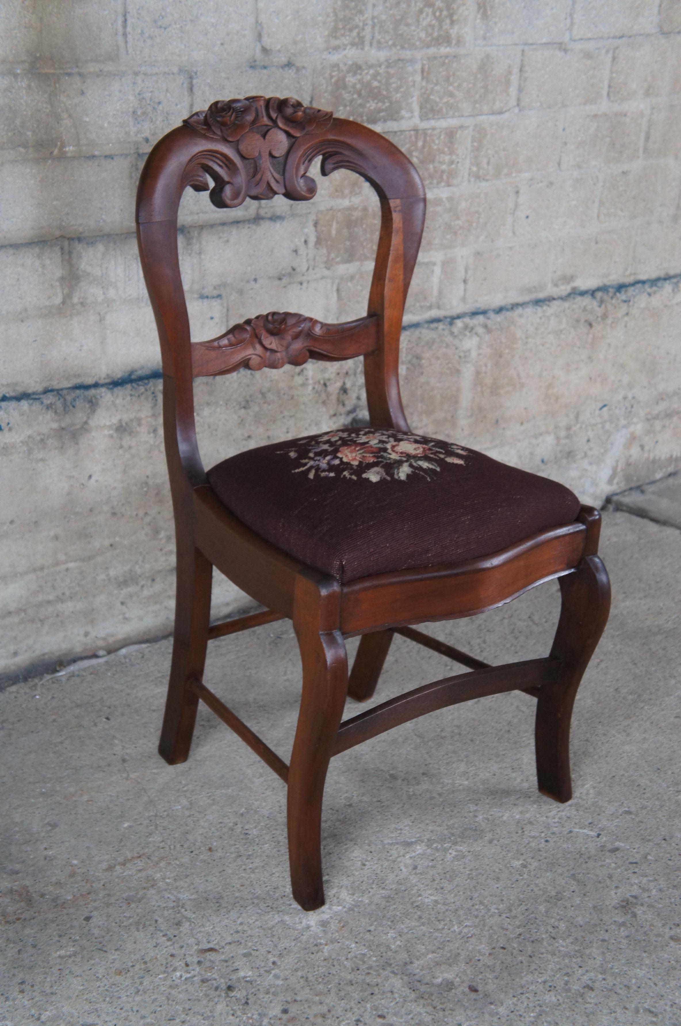 4 Antique Victorian Carved Mahogany Balloon Back Side Chairs Needlepoint Seat For Sale 2