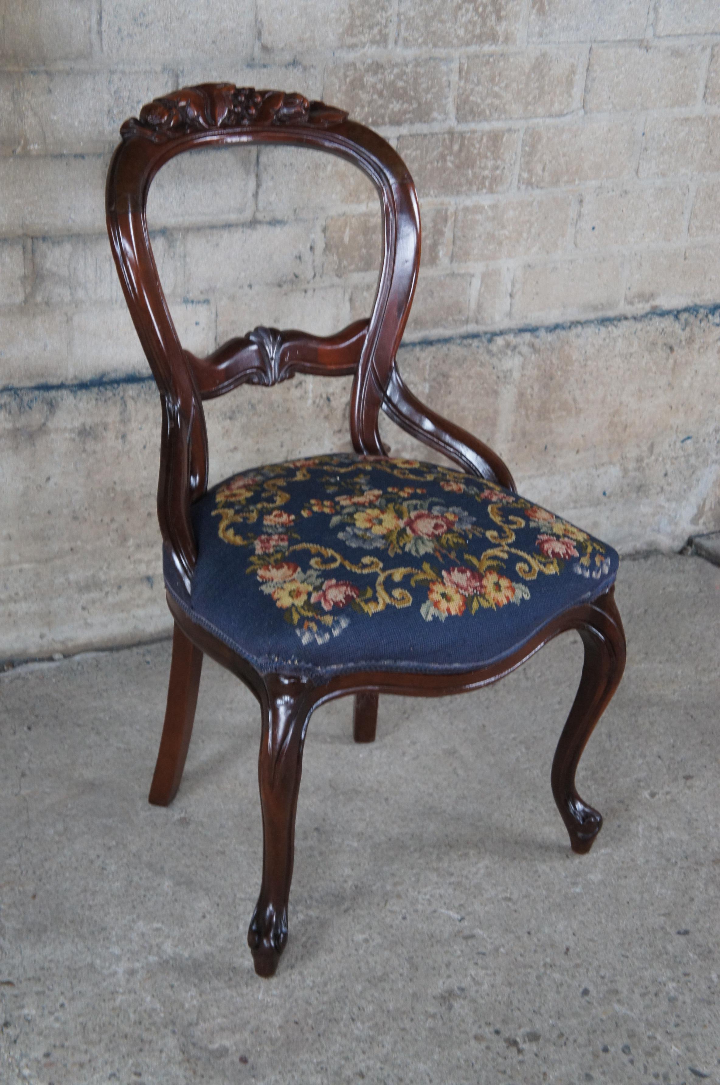 4 Antique Victorian Carved Mahogany Balloon Back Side Chairs Needlepoint Seat For Sale 4