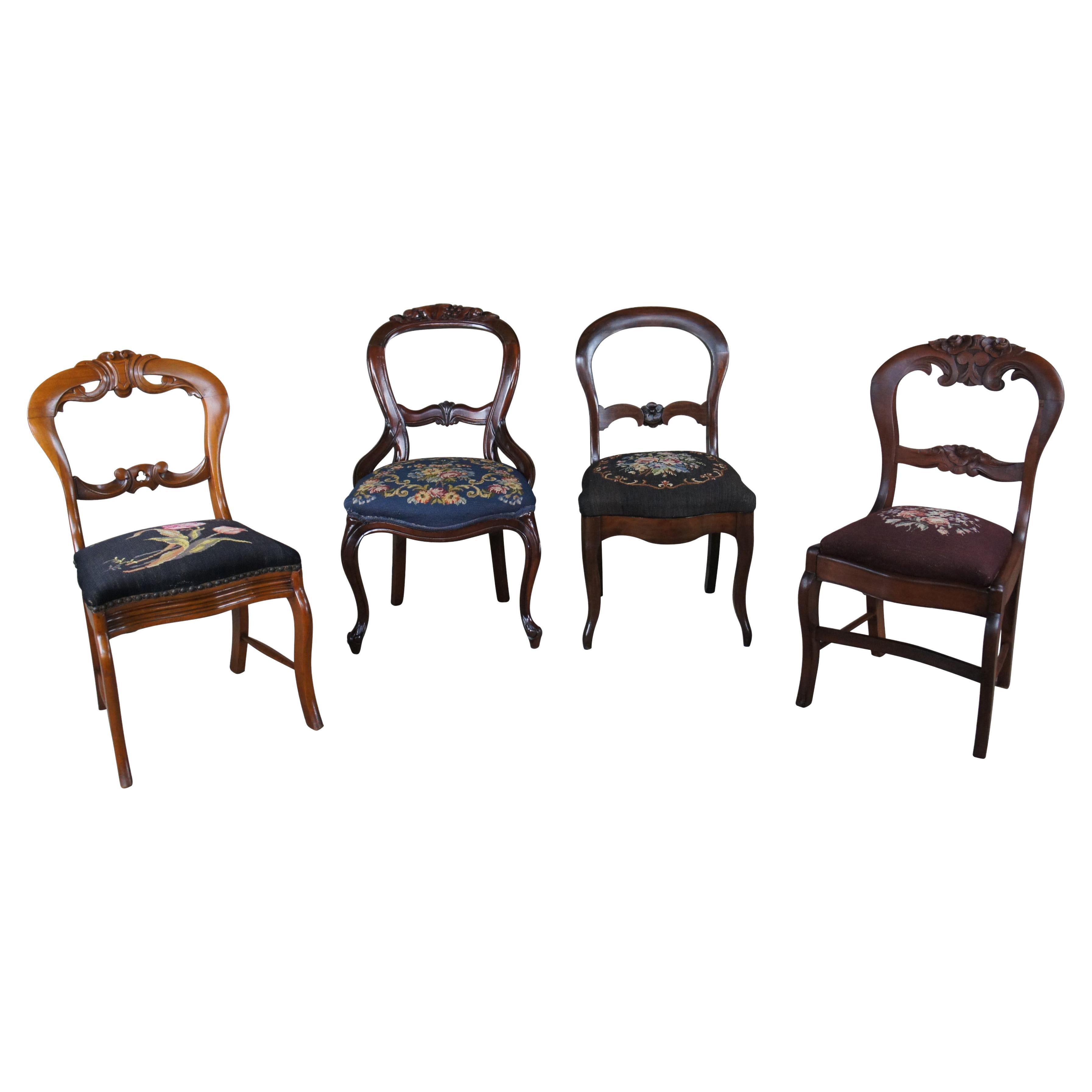 4 antike viktorianische geschnitzte Mahagoni-Beistellstühle mit Ballonrückenlehne und Sitz aus Nadelspitze im Angebot