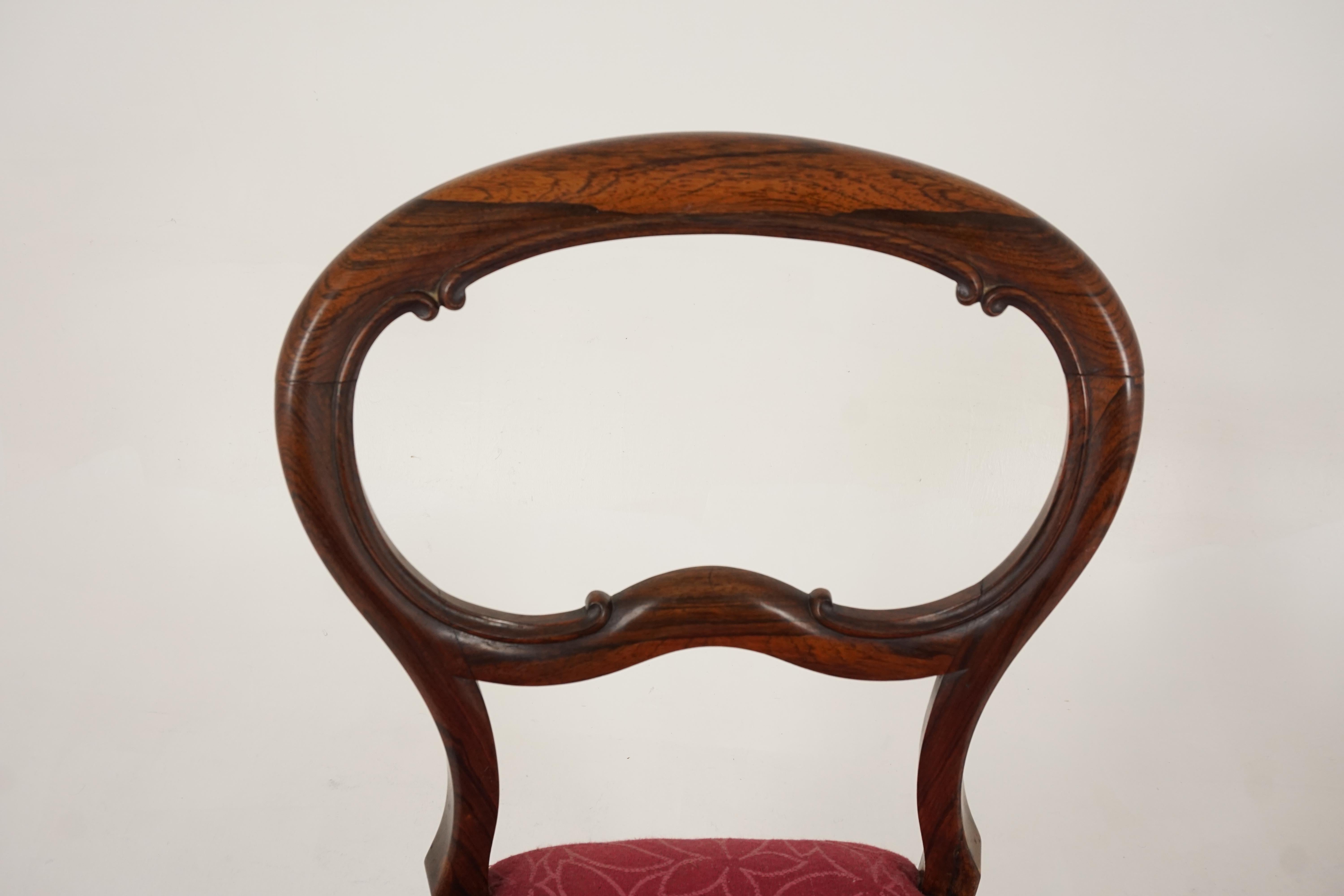 4 antique Victorian rosewood balloon back dining chairs, Scotland 1870, B2161

Scotland, 1870
Solid rosewood
Original finish
Ribbed open back design
With shaped central horizontal splat
Stuff-over seats upholstered in a patterned