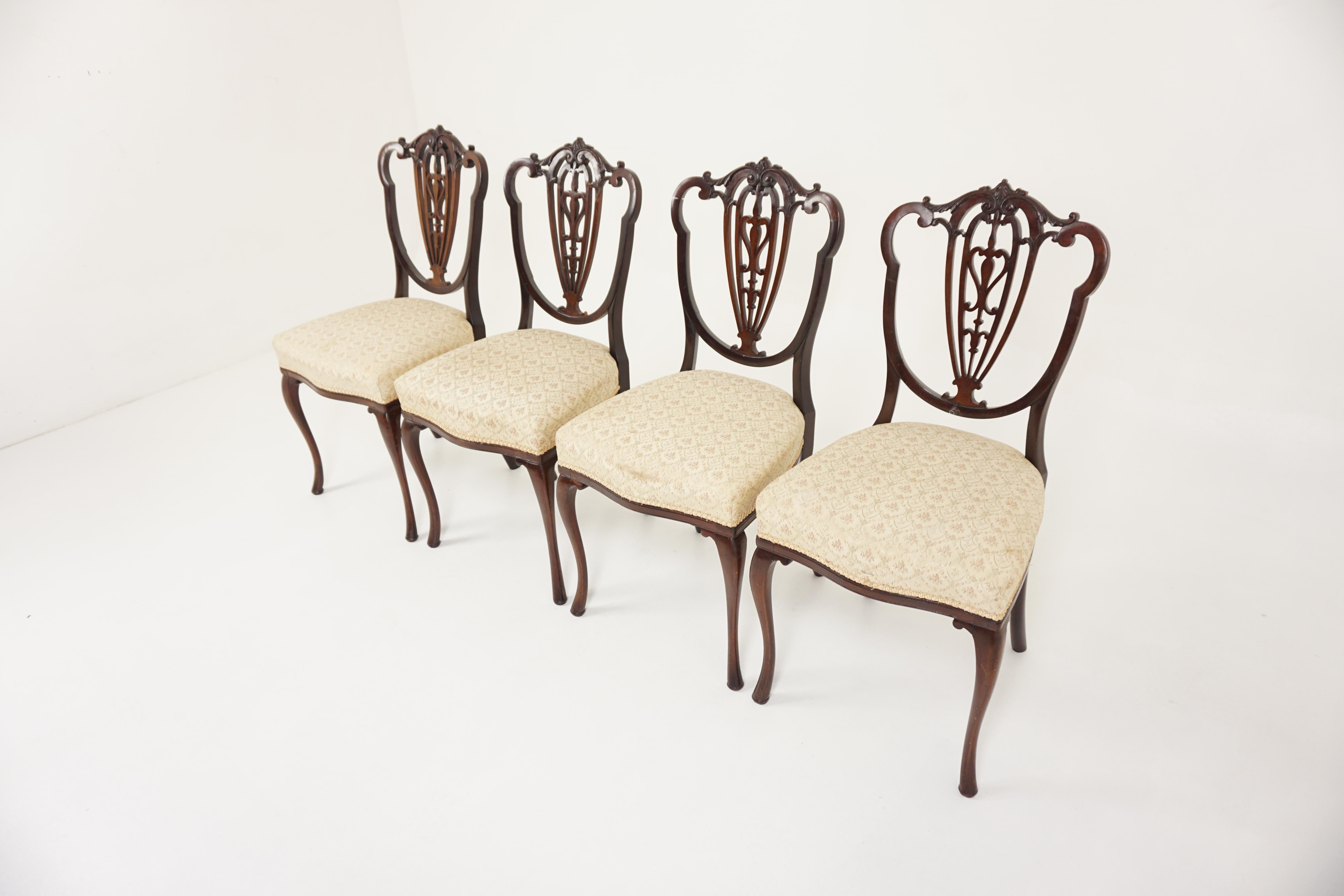 4 Antique Victorian Upholstered dining chairs, Scotland 1890, H763

Scotland 1890
Solid Walnut
Original Finish
Shaped top rail with open carved piece back splat
Large, upholstered seat
All standing on tall cabriole legs
Very clean and all