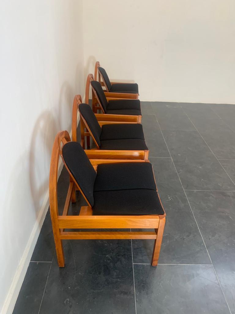 French 4 Argos armchairs in beech and black fabric by Baumann, 1980s For Sale
