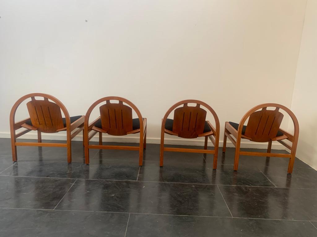 4 Argos armchairs in beech and black fabric by Baumann, 1980s For Sale 1